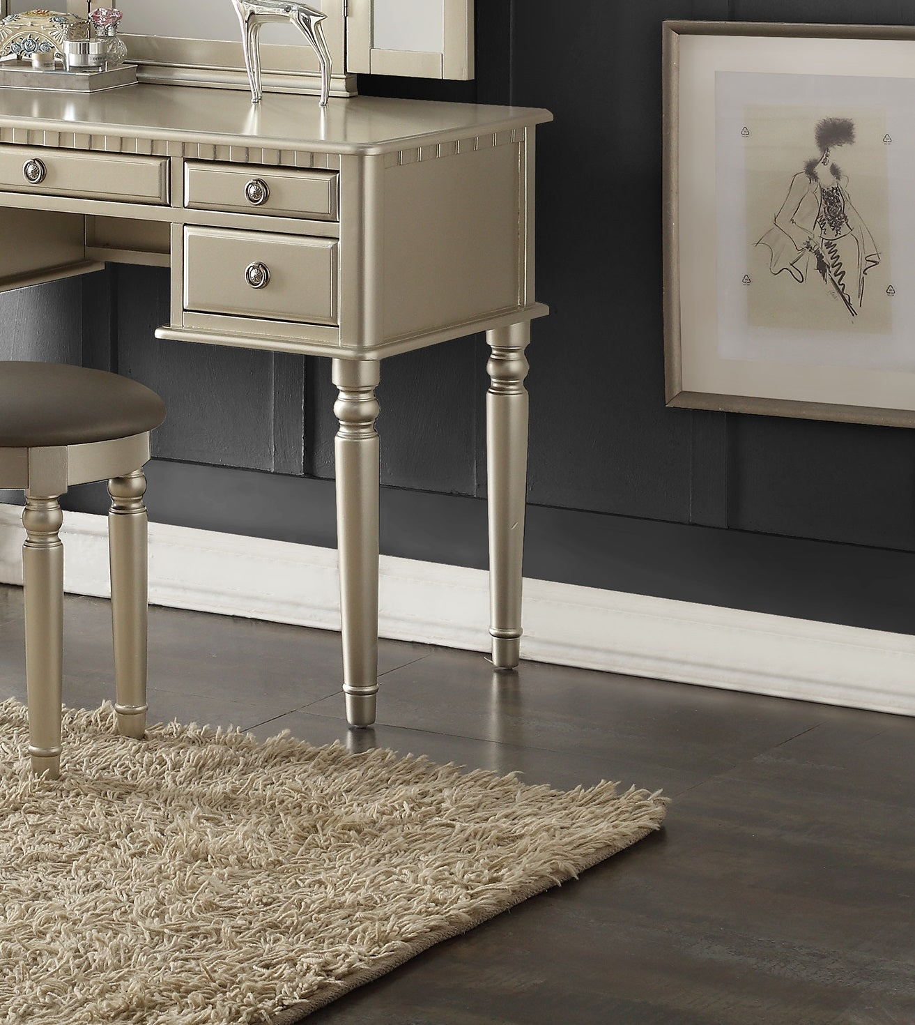 Bedroom Contemporary Vanity Set W Foldable Mirror Stool Drawers Silver Color Silver Gray Vanity Stools Bedroom Round Grey Classic,Contemporary Padded Seat Rubberwood Solid Wood