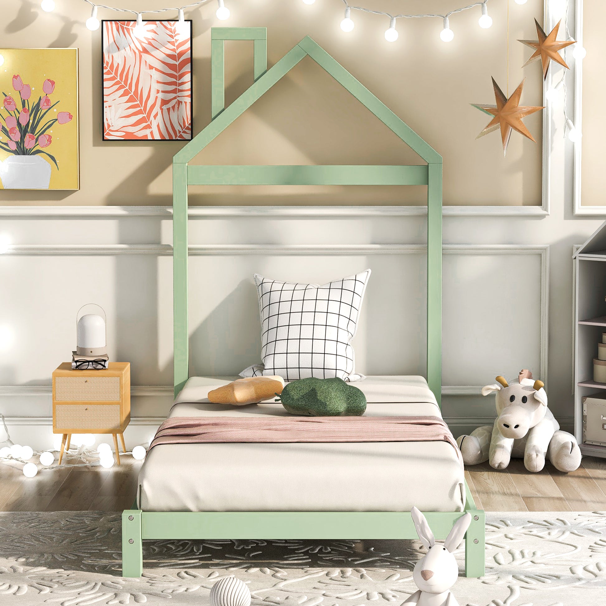 Twin Size Wood Platform Bed With House Shaped Headboard Green Green Solid Wood