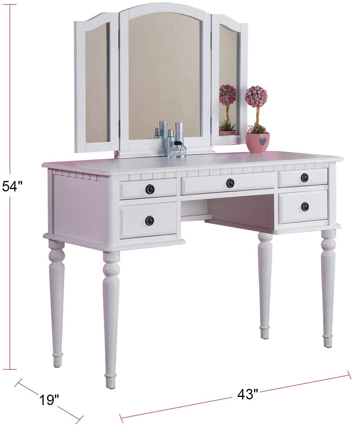 Bedroom Contemporary Vanity Set W Foldable Mirror Stool Drawers White Color White White Vanity Stools Bedroom Round Classic,Contemporary Padded Seat Rubberwood Solid Wood