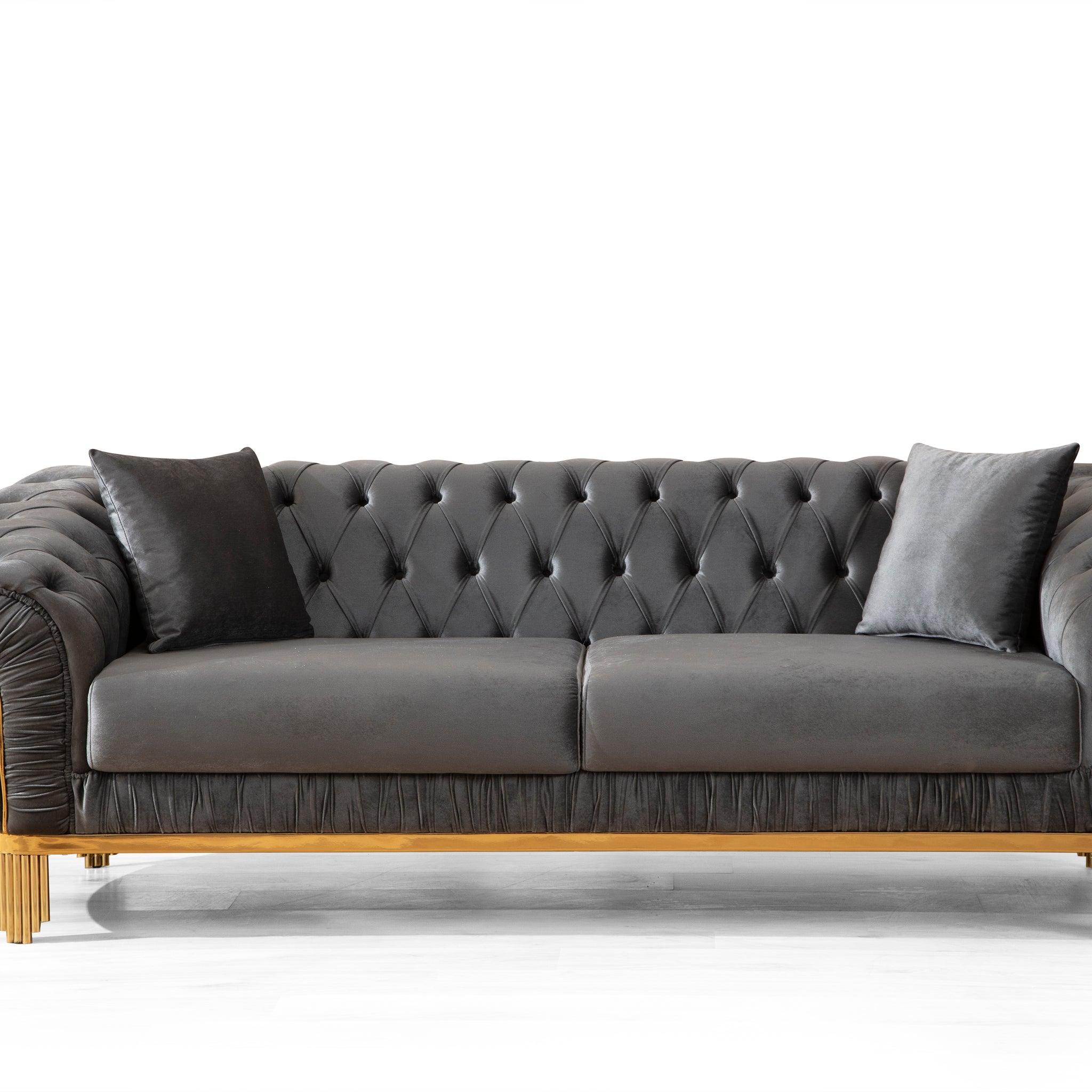 Vanessa Sofa In Grey And Gold With Fabric Button Tufted Velvet Upholstery Finish Grey Polyester Wood Primary Living Space Soft Modern Solid Wood Mdf Wood