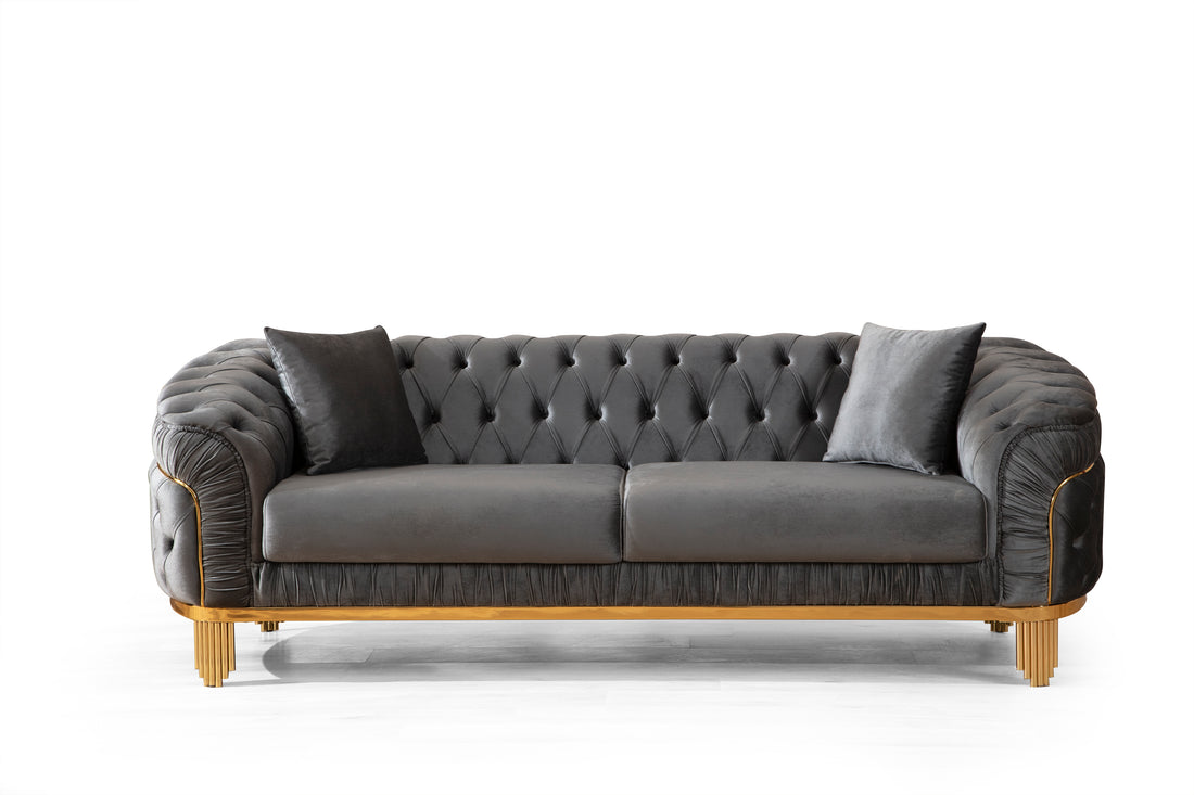 Vanessa Sofa In Grey And Gold With Fabric Button Tufted Velvet Upholstery Finish Grey Polyester Wood Primary Living Space Soft Modern Solid Wood Mdf Wood