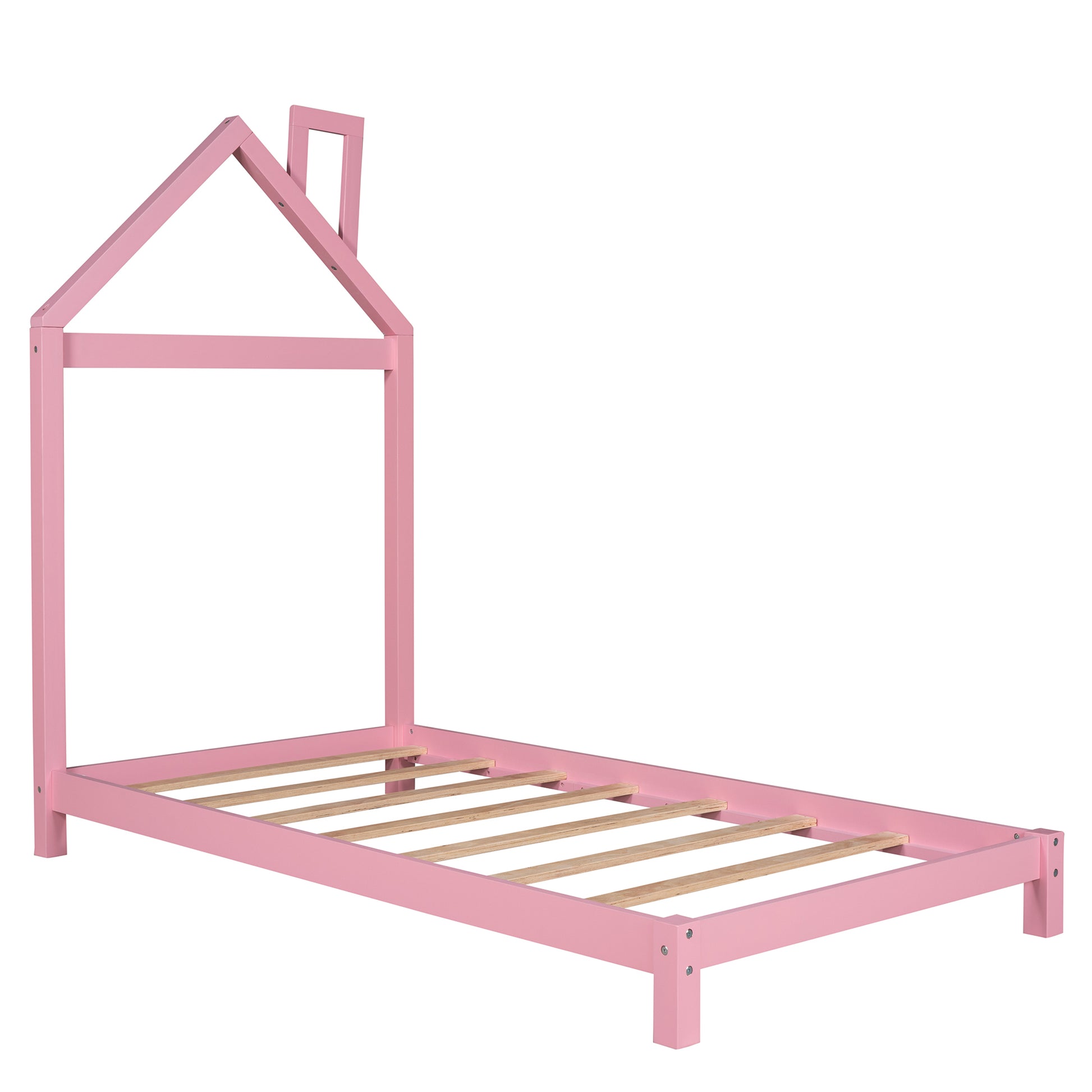 Twin Size Wood Platform Bed With House Shaped Headboard Pink Pink Solid Wood