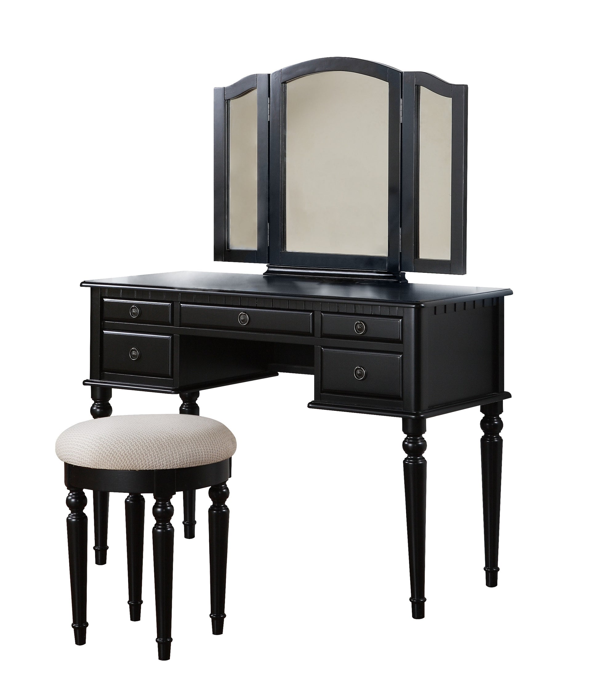 Bedroom Contemporary Vanity Set W Foldable Mirror Stool Drawers Black Color Black Vanity Stools Bedroom Round White Classic,Contemporary Padded Seat Rubberwood Solid Wood
