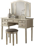 Bedroom Contemporary Vanity Set W Foldable Mirror Stool Drawers Silver Color Silver Gray Vanity Stools Bedroom Round Grey Classic,Contemporary Padded Seat Rubberwood Solid Wood