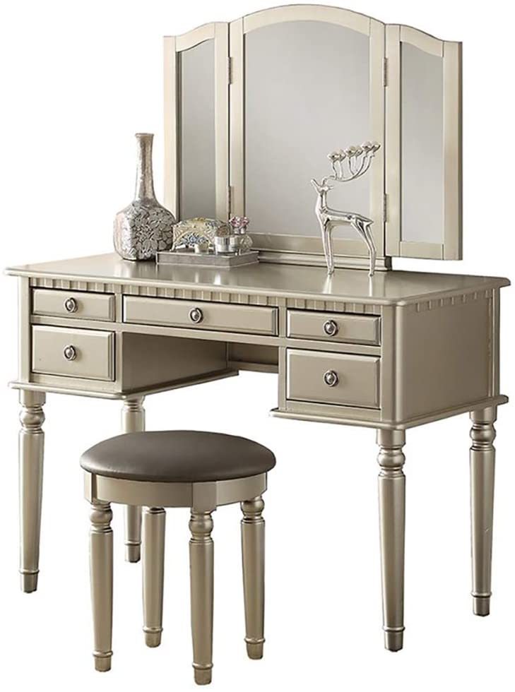 Bedroom Contemporary Vanity Set W Foldable Mirror Stool Drawers Silver Color Silver Gray Vanity Stools Bedroom Round Grey Classic,Contemporary Padded Seat Rubberwood Solid Wood