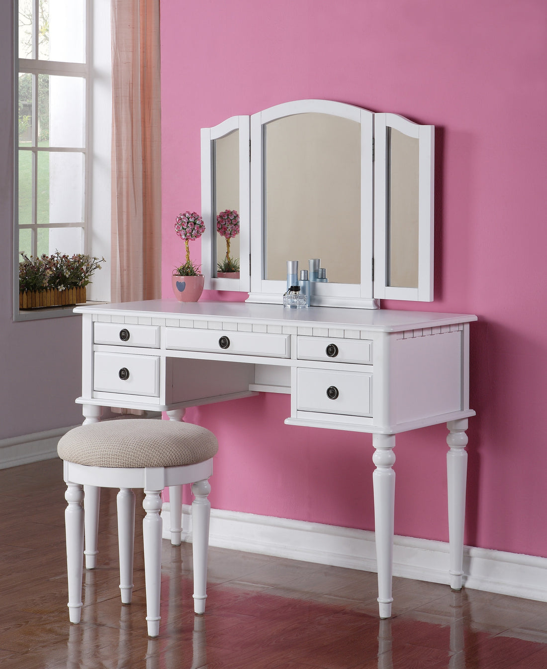 Bedroom Contemporary Vanity Set W Foldable Mirror Stool Drawers White Color White White Vanity Stools Bedroom Round Classic,Contemporary Padded Seat Rubberwood Solid Wood