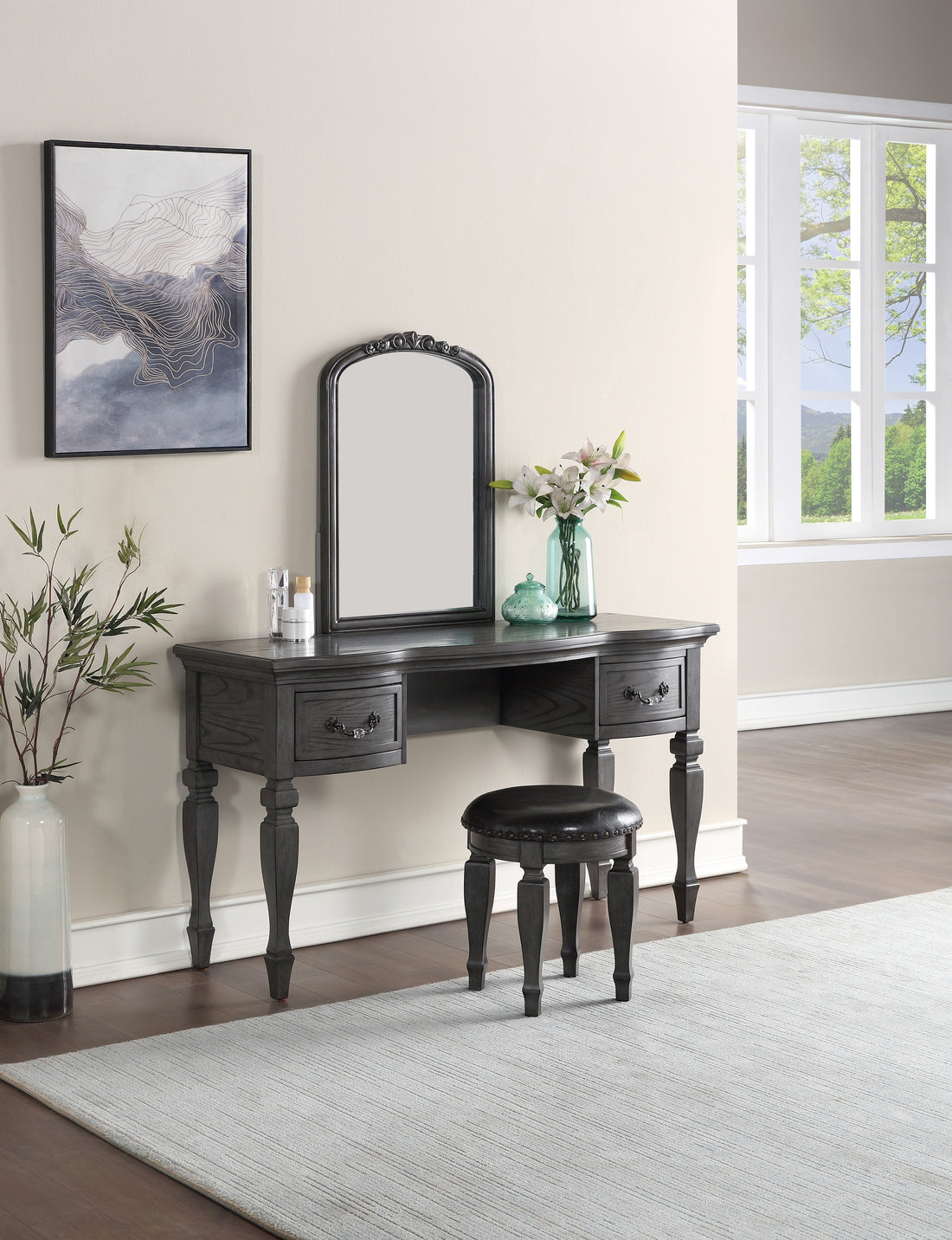 Bedroom Classic Vanity Set Wooden Carved Mirror Stool Drawers Antique Grey Finish Grey Vanity Stools Bedroom Round Black Classic,Contemporary,Luxury Rubberwood Solid Wood