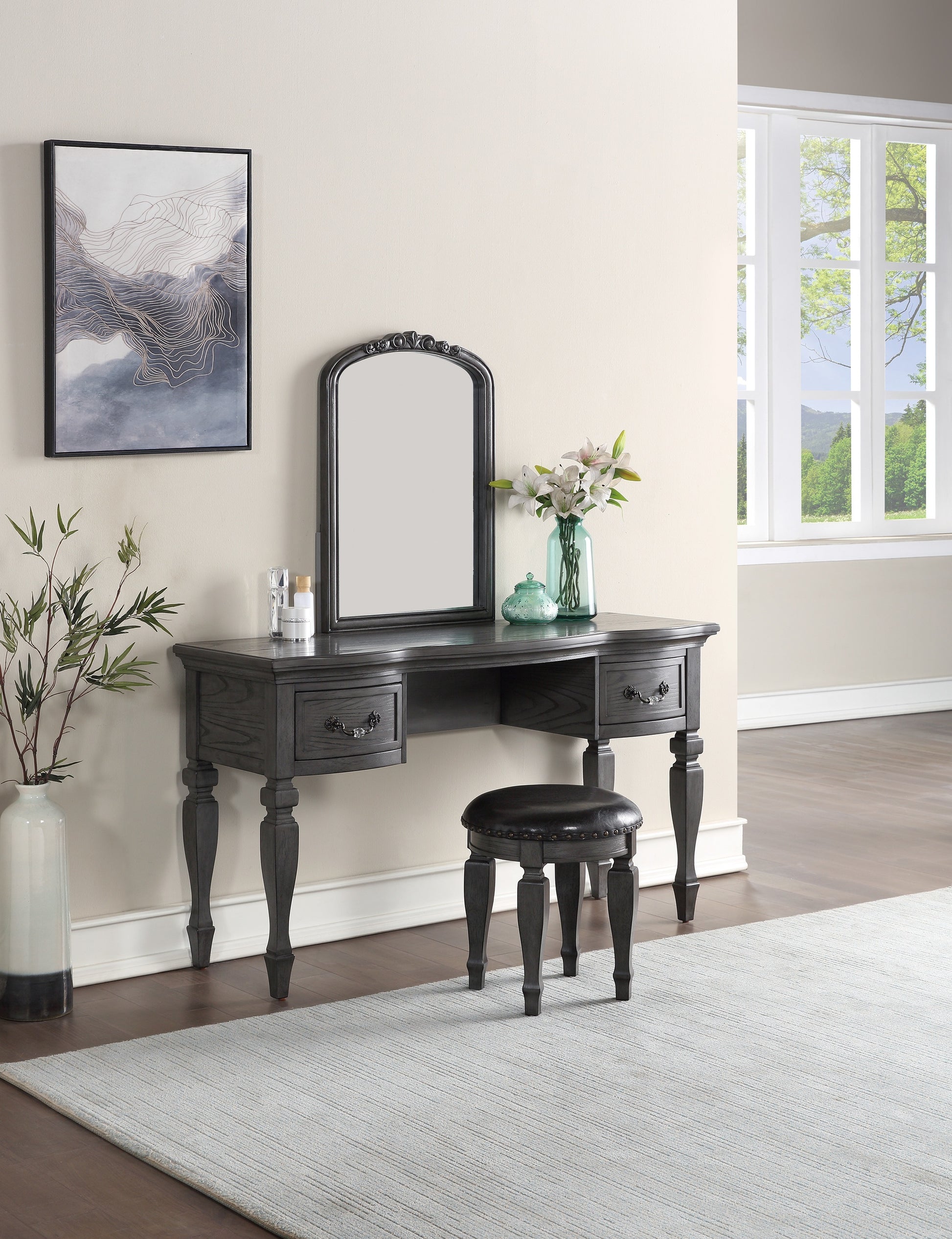 Bedroom Classic Vanity Set Wooden Carved Mirror Stool Drawers Antique Grey Finish Grey Vanity Stools Bedroom Round Black Classic,Contemporary,Luxury Rubberwood Solid Wood