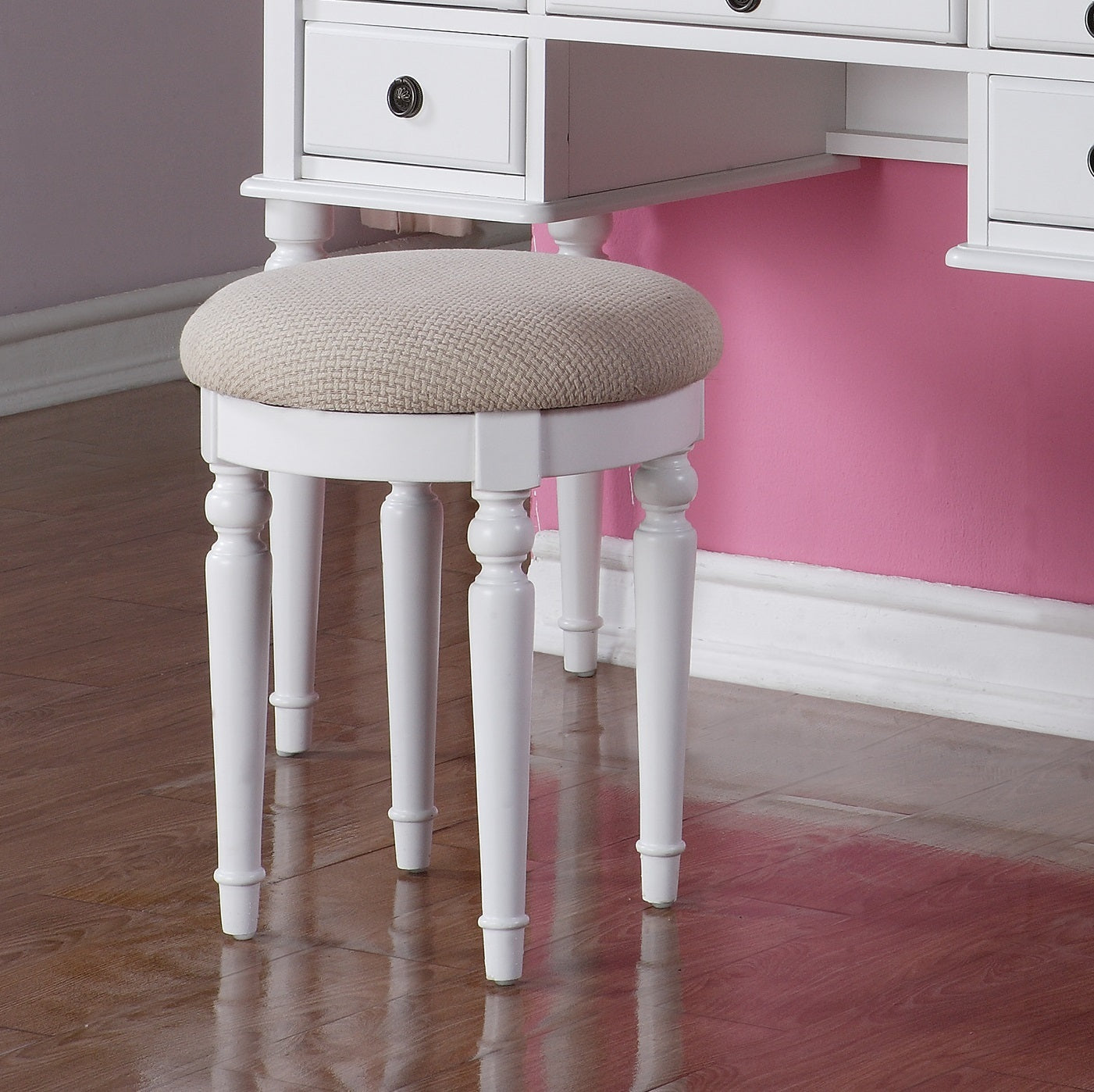 Bedroom Contemporary Vanity Set W Foldable Mirror Stool Drawers White Color White White Vanity Stools Bedroom Round Classic,Contemporary Padded Seat Rubberwood Solid Wood