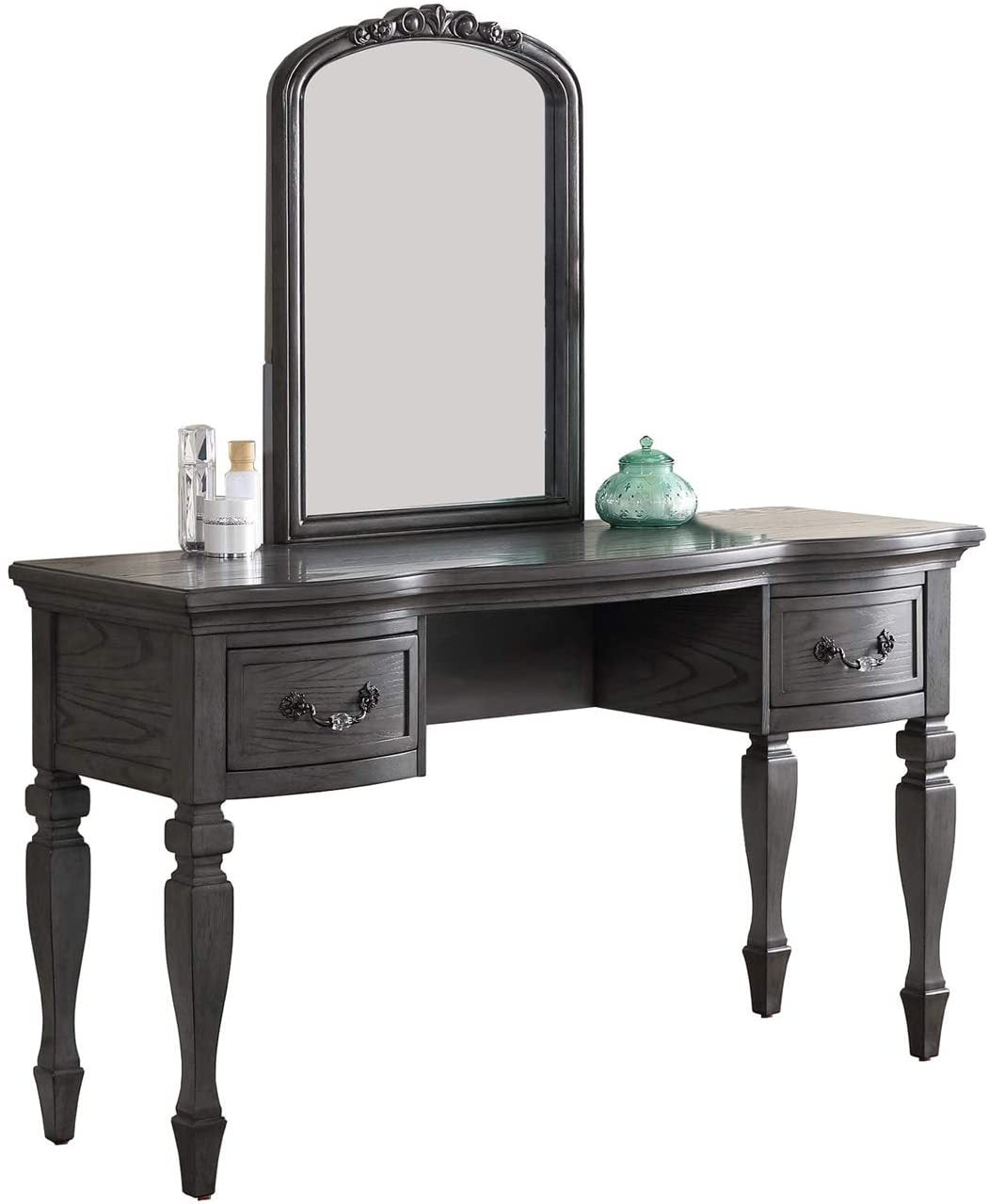 Bedroom Classic Vanity Set Wooden Carved Mirror Stool Drawers Antique Grey Finish Grey Vanity Stools Bedroom Round Black Classic,Contemporary,Luxury Rubberwood Solid Wood
