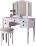 Bedroom Contemporary Vanity Set W Foldable Mirror Stool Drawers White Color White White Vanity Stools Bedroom Round Classic,Contemporary Padded Seat Rubberwood Solid Wood