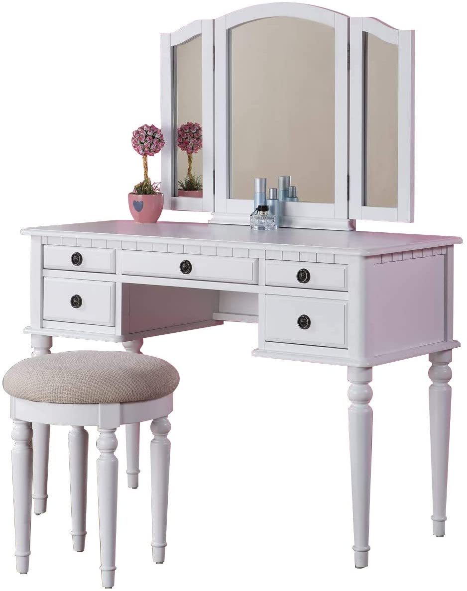 Bedroom Contemporary Vanity Set W Foldable Mirror Stool Drawers White Color White White Vanity Stools Bedroom Round Classic,Contemporary Padded Seat Rubberwood Solid Wood