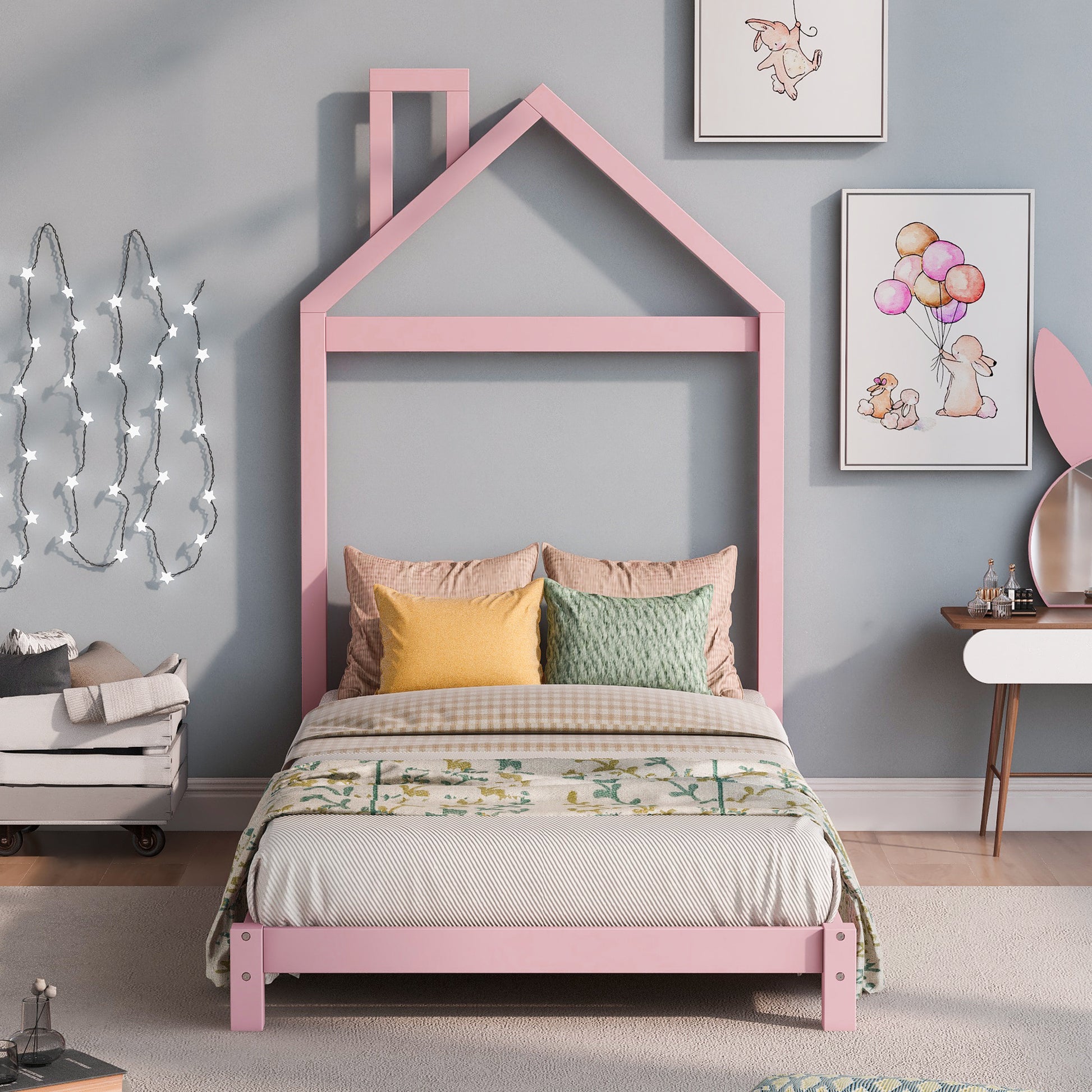 Twin Size Wood Platform Bed With House Shaped Headboard Pink Pink Solid Wood