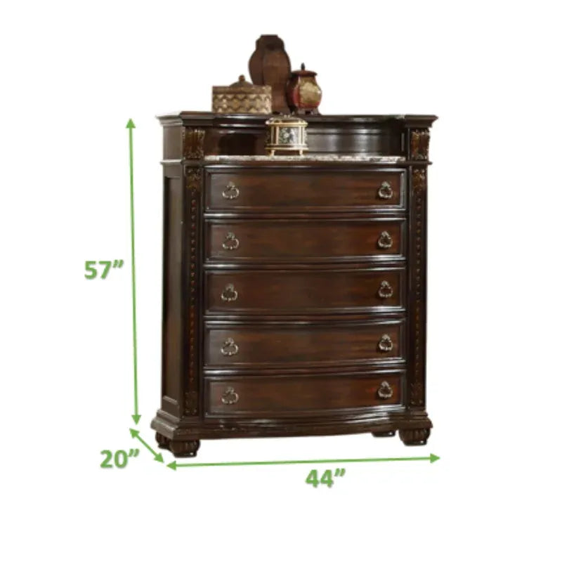 Roma Traditional Style 5 Drawer Chest With Metal Handle Pulls Made With Wood In Dark Walnut Dark Brown Bedroom Traditional Solid Wood Mdf Wood