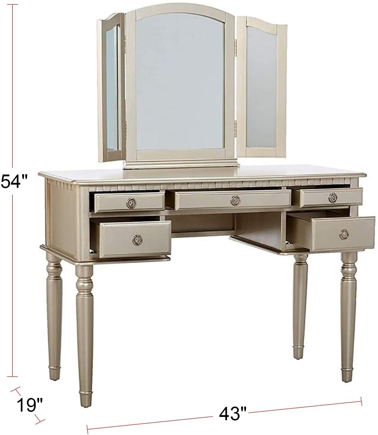 Bedroom Contemporary Vanity Set W Foldable Mirror Stool Drawers Silver Color Silver Gray Vanity Stools Bedroom Round Grey Classic,Contemporary Padded Seat Rubberwood Solid Wood