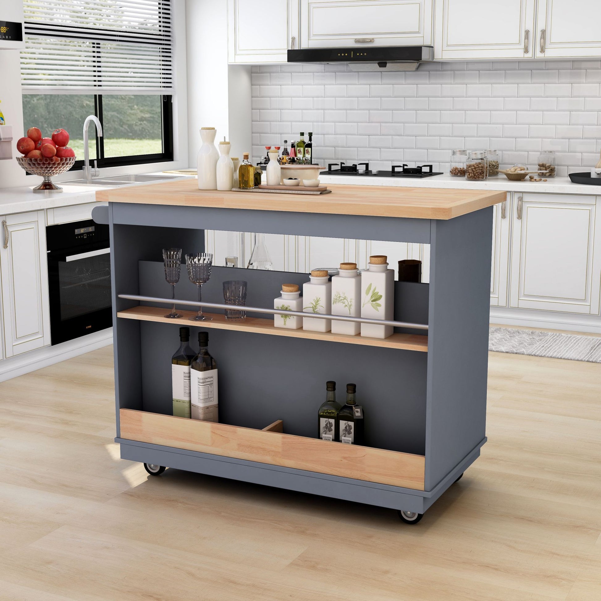 Rolling Kitchen Island With Storage, Two Sided Kitchen Island Cart On Wheels With Wood Top, Wine And Spice Rack, Large Kitchen Cart With 2 Drawers, 3 Open Compartments, Grey Blue Blue Kitchen Classic,French,Mid Century Modern,Modern,Rustic Rectangular