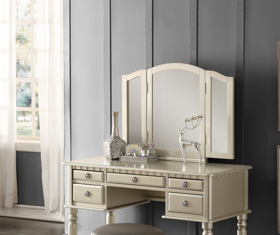 Bedroom Contemporary Vanity Set W Foldable Mirror Stool Drawers Silver Color Silver Gray Vanity Stools Bedroom Round Grey Classic,Contemporary Padded Seat Rubberwood Solid Wood