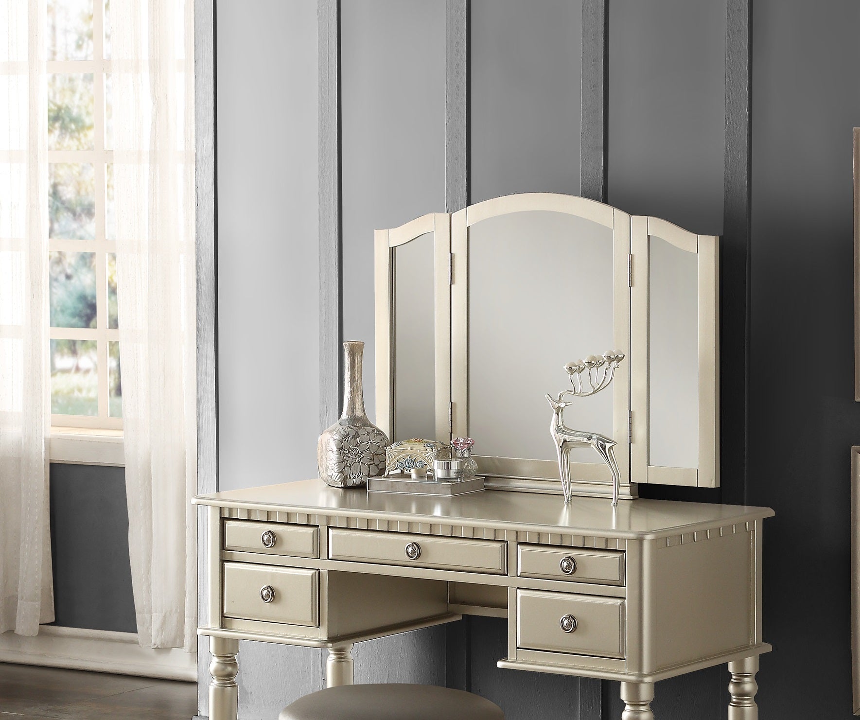 Bedroom Contemporary Vanity Set W Foldable Mirror Stool Drawers Silver Color Silver Gray Vanity Stools Bedroom Round Grey Classic,Contemporary Padded Seat Rubberwood Solid Wood