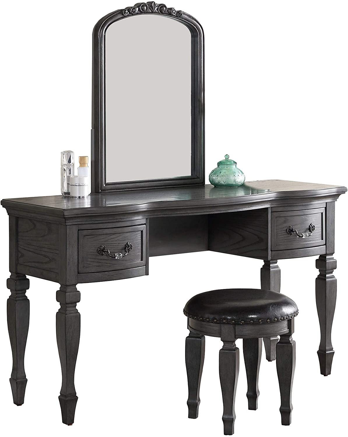 Bedroom Classic Vanity Set Wooden Carved Mirror Stool Drawers Antique Grey Finish Grey Vanity Stools Bedroom Round Black Classic,Contemporary,Luxury Rubberwood Solid Wood