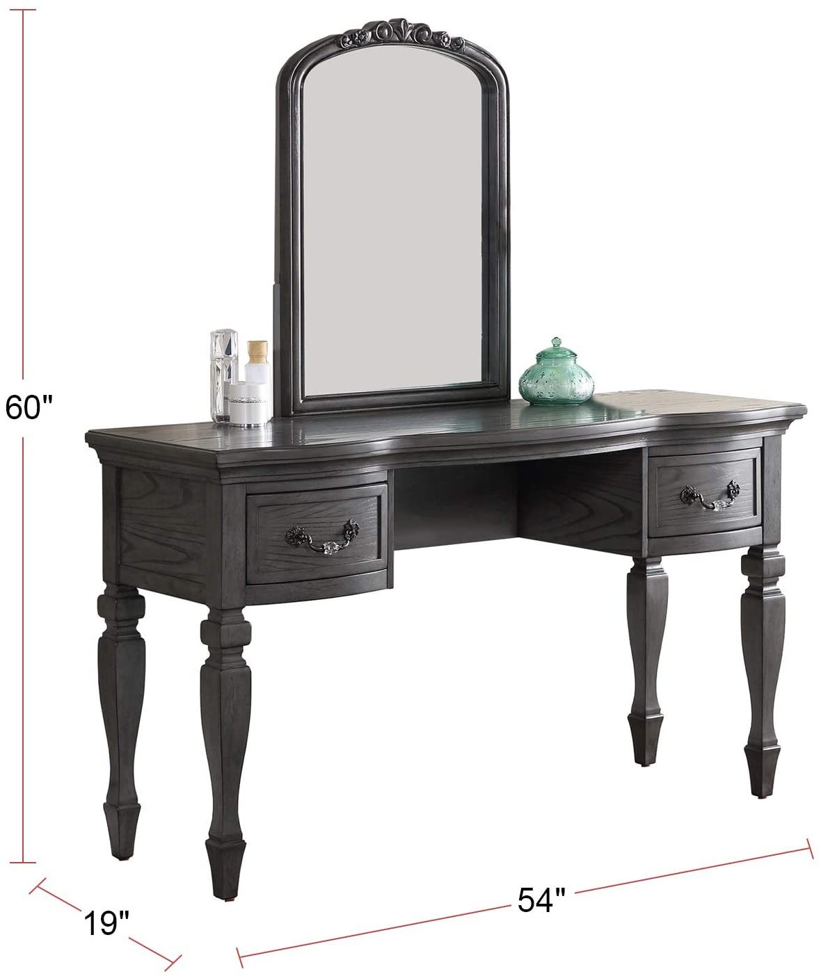 Bedroom Classic Vanity Set Wooden Carved Mirror Stool Drawers Antique Grey Finish Grey Vanity Stools Bedroom Round Black Classic,Contemporary,Luxury Rubberwood Solid Wood