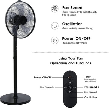 Simple Deluxe 14.5" Adjustable 12 Levels Speed Pedestal Stand Fan With Remote Control For Indoor, Home, Office And College Dorm Use, 90 Degree Horizontal Oscillating, 9 Hours Timer, 14.5 Inch, Black Black Plastic