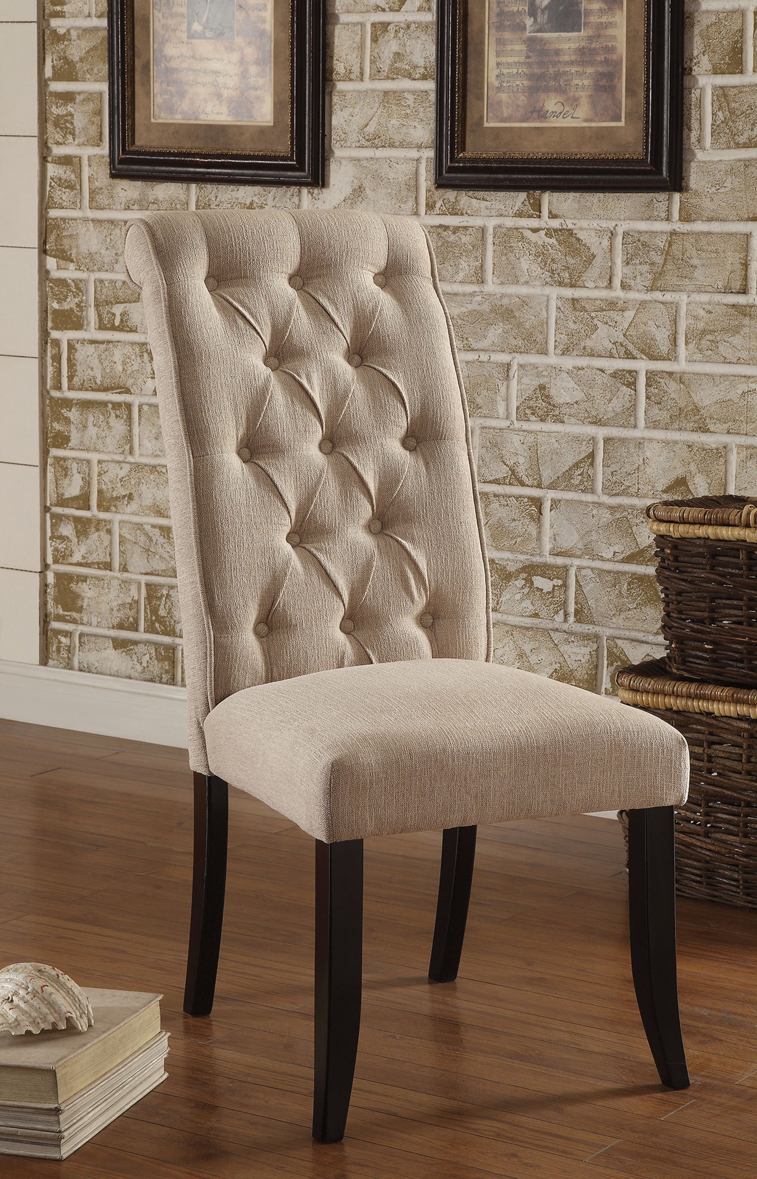 Dining Room Furniture Contemporary Rustic Style Beige Fabric Upholstered Tufted Set Of 2 Chairs Kitchen Breakfast Beige Dining Room Modern,Transitional Dining Chairs Rubberwood Tufted Back Solid Wood