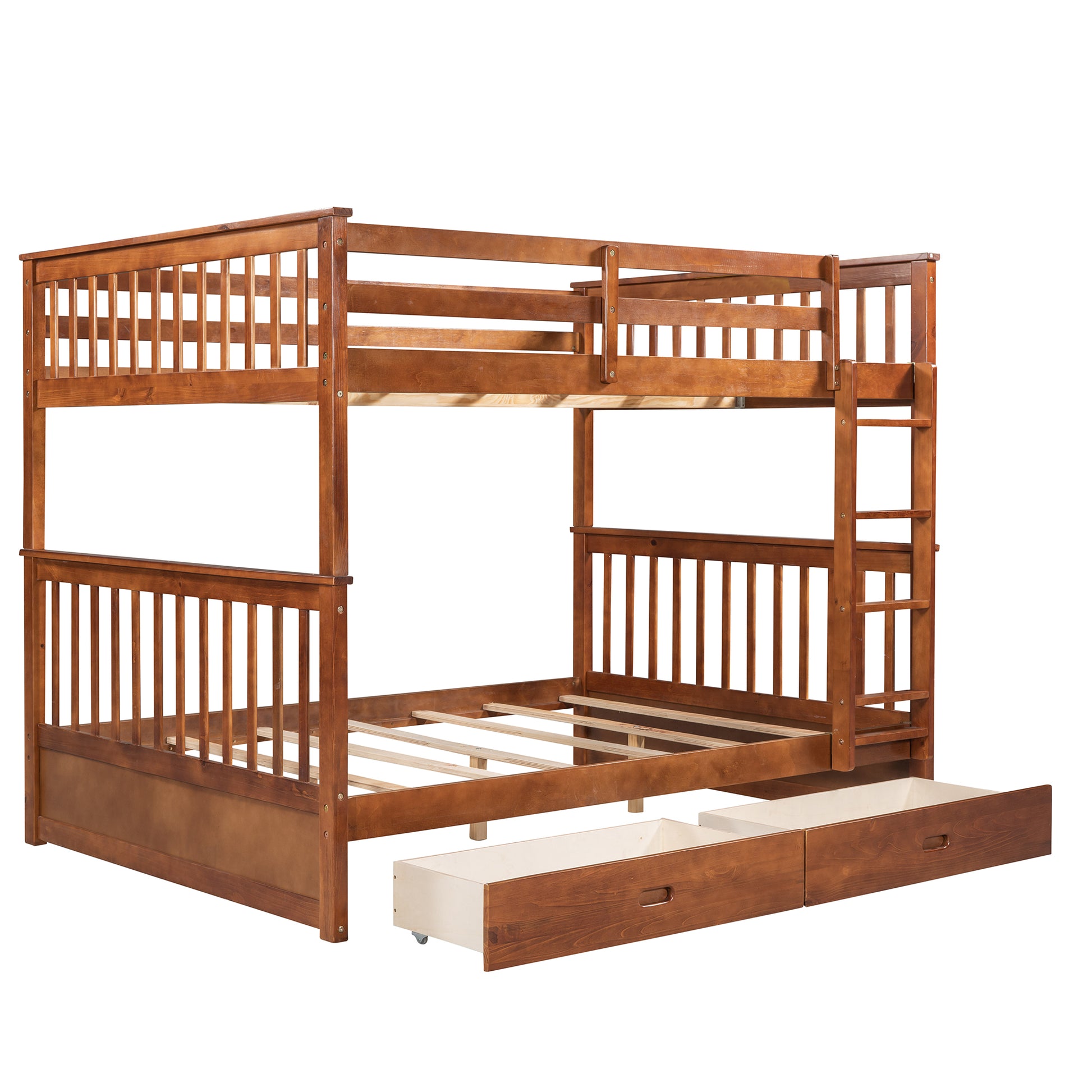 Full Over Full Bunk Bed With Ladders And Two Storage Drawers Walnut Old Sku:Lt000365Aad Walnut Solid Wood