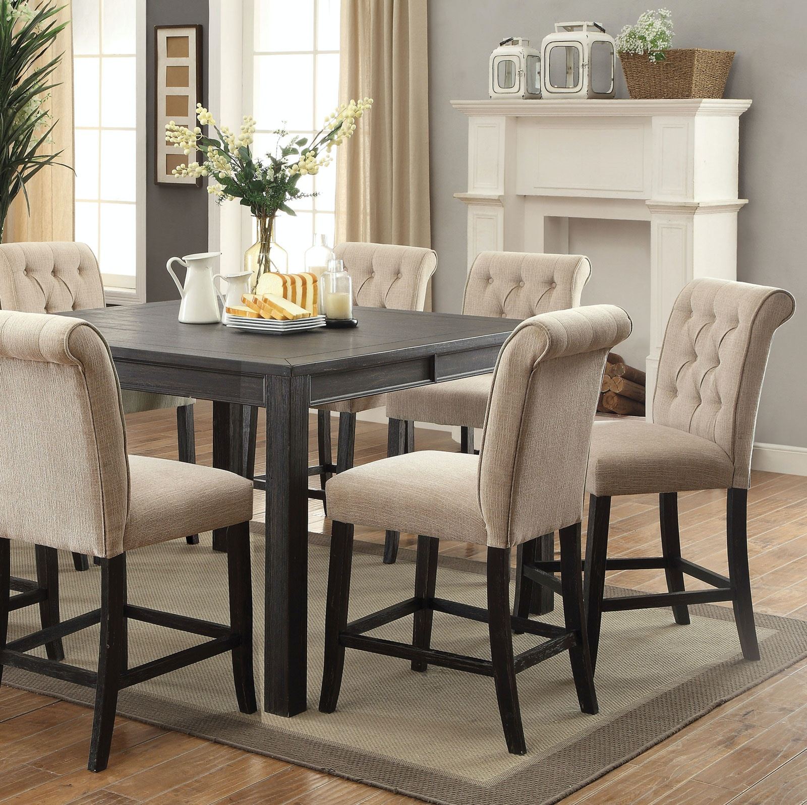 Dining Room Furniture Rustic Style Set Of 2 Counter Height Chairs Beige Chenille Fabric Upholstered Tufted Kitchen Breakfast Beige Dining Room Rustic,Transitional Side Chair Tufted Back Solid Wood