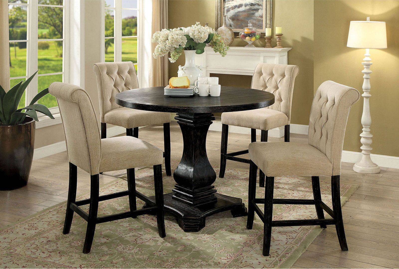 Dining Room Furniture Rustic Style Set Of 2 Counter Height Chairs Beige Chenille Fabric Upholstered Tufted Kitchen Breakfast Beige Dining Room Rustic,Transitional Side Chair Tufted Back Solid Wood