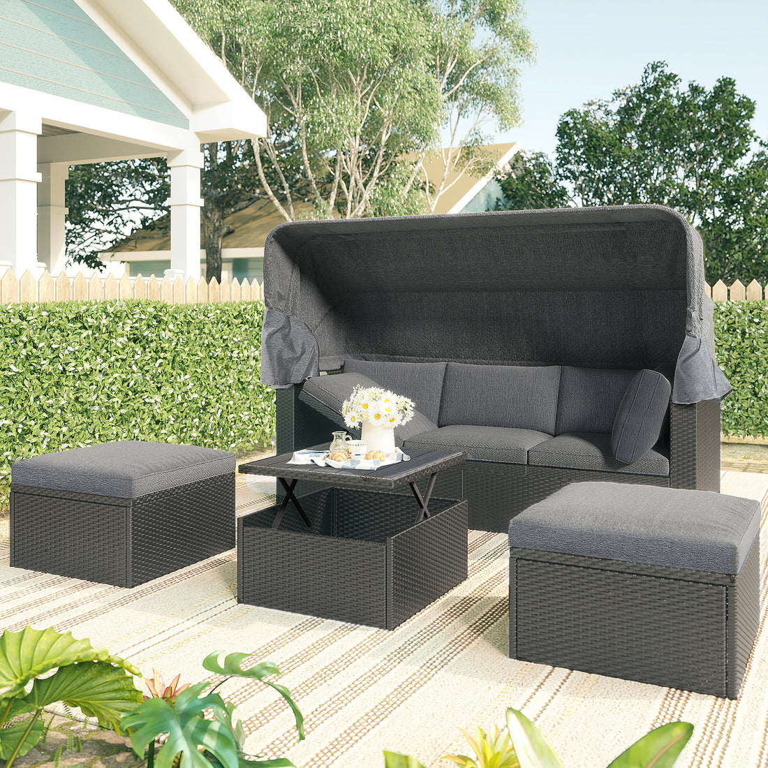 Outdoor Patio Rectangle Daybed With Retractable Canopy, Wicker Furniture Sectional Seating With Washable Cushions, Backyard, Porch As Same As Wy000263Aae Gray Rattan