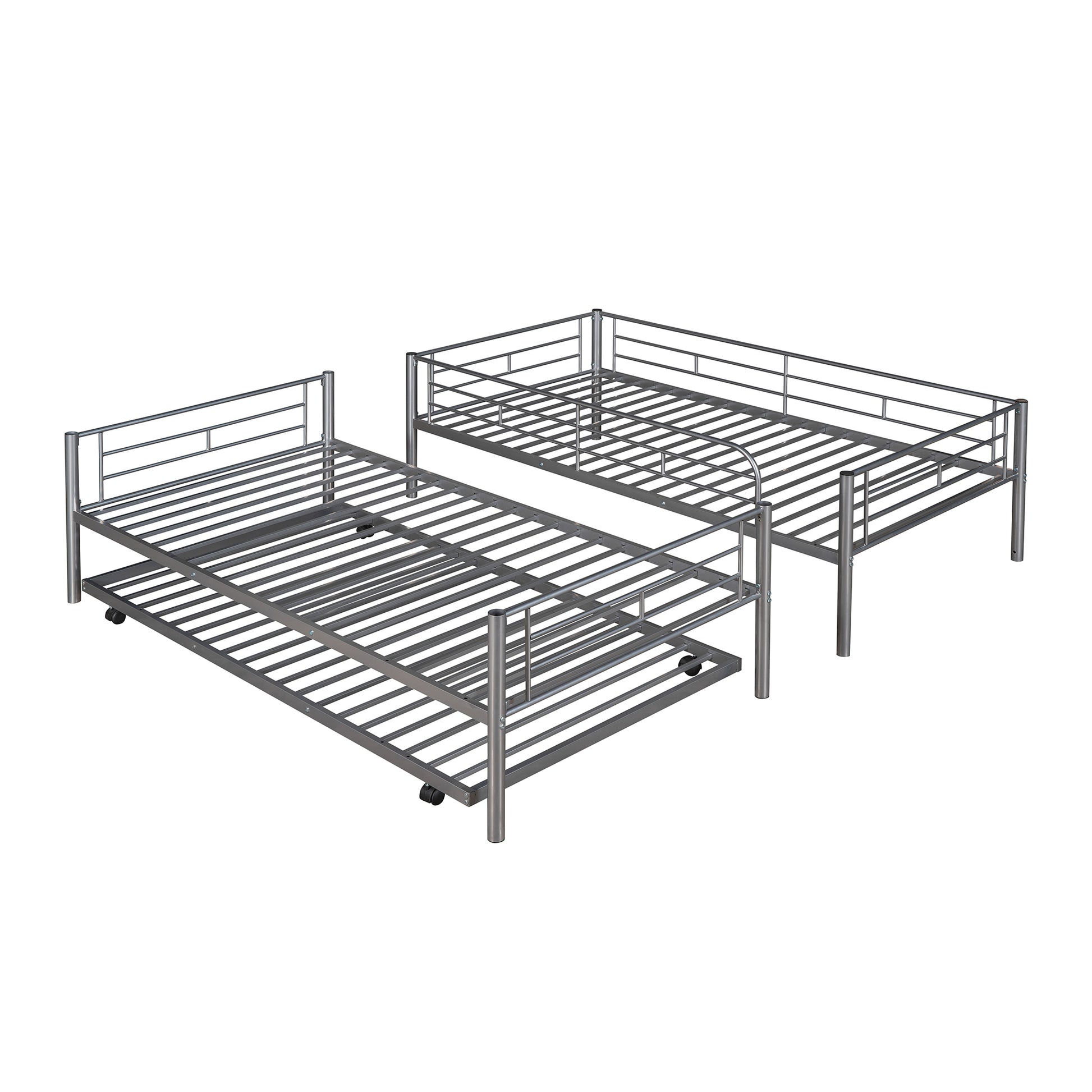 Twin Over Twin Metal Bunk Bed With Trundle,Can Be Divided Into Two Beds,No Box Spring Needed ,White Old Sku: Mf194806Aan Silver Metal