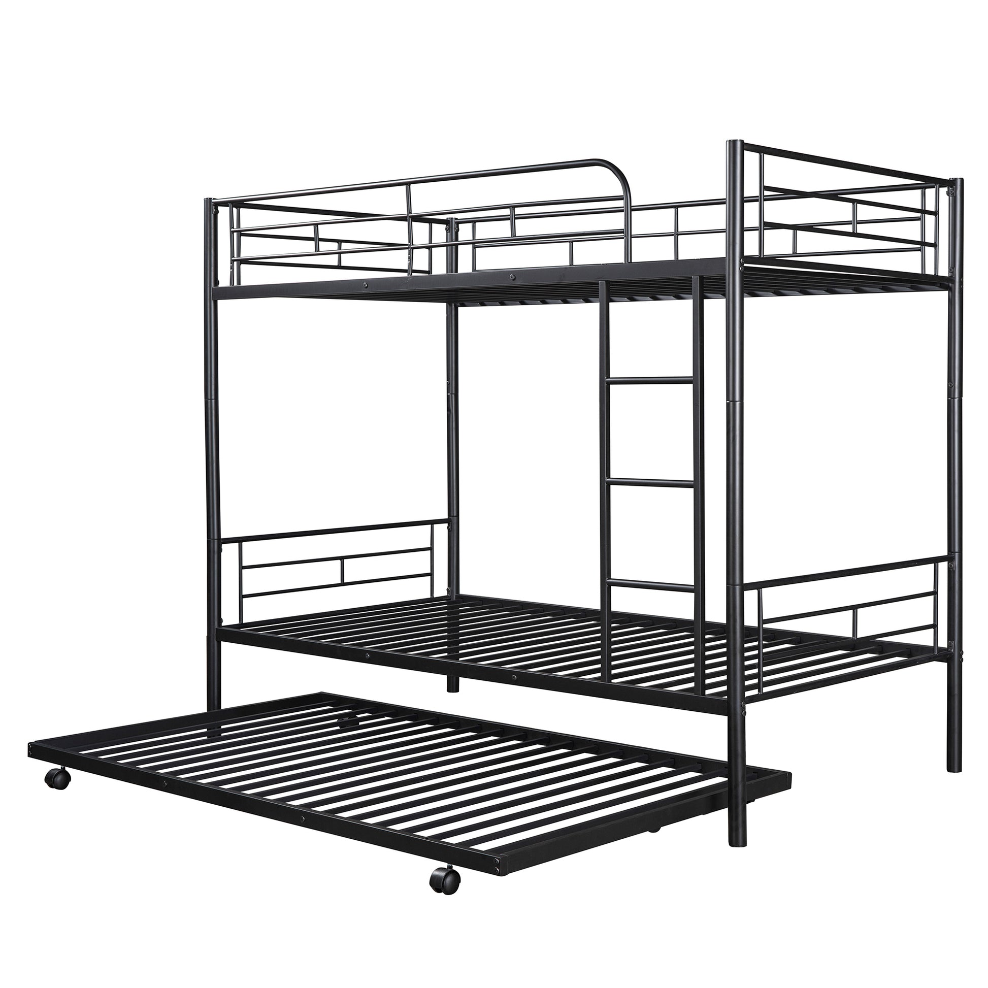 Twin Over Twin Metal Bunk Bed With Trundle,Can Be Divided Into Two Beds,No Box Spring Needed ,Black Old Sku: Mf194806Aab Black Metal