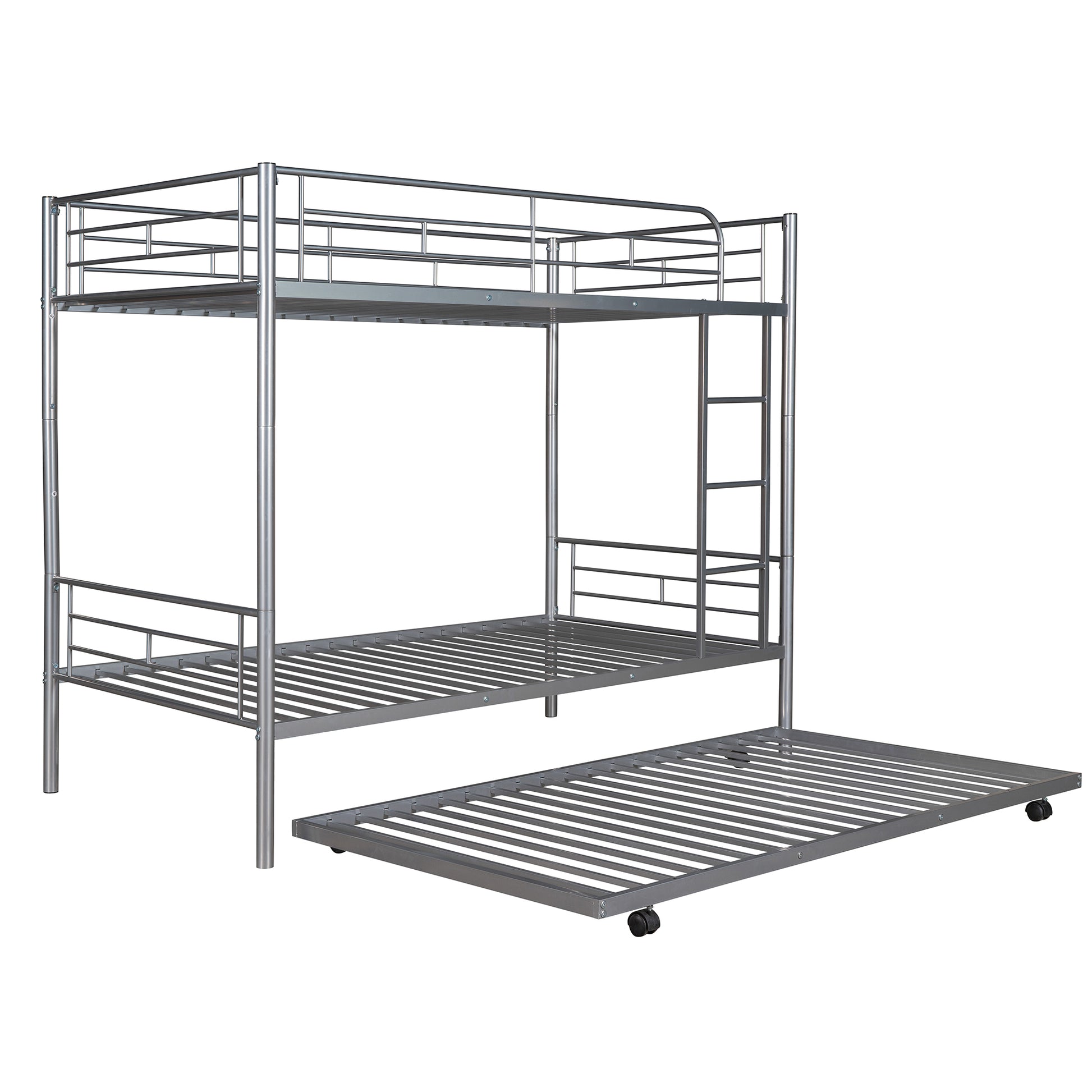 Twin Over Twin Metal Bunk Bed With Trundle,Can Be Divided Into Two Beds,No Box Spring Needed ,White Old Sku: Mf194806Aan Silver Metal