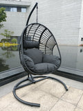 High Quality Outdoor Indoor Black Color Pe Wicker Swing Egg Chair With Antracite Color Cushion And Black Color Base Black Foam Metal