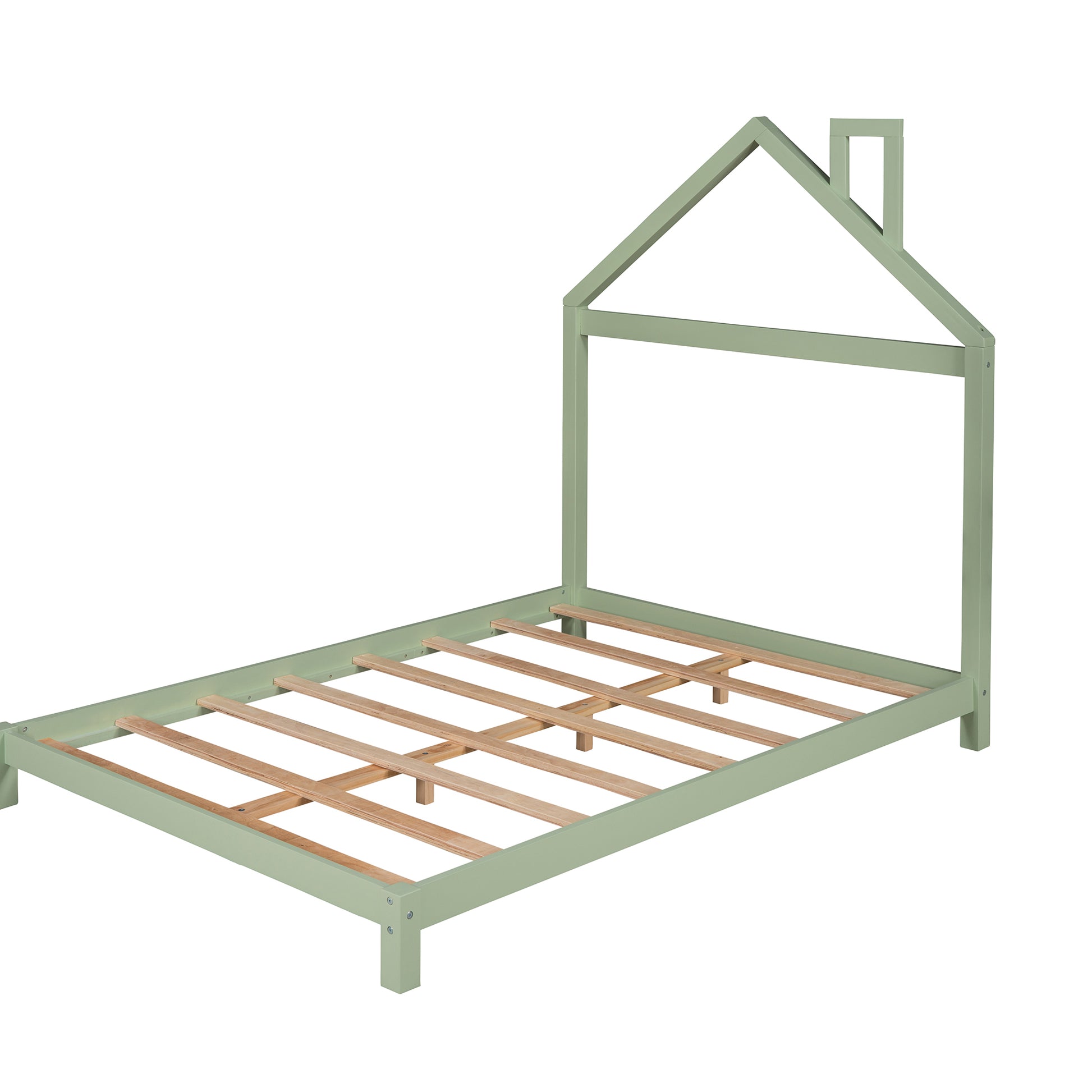 Full Size Wood Platform Bed With House Shaped Headboard Green Green Solid Wood