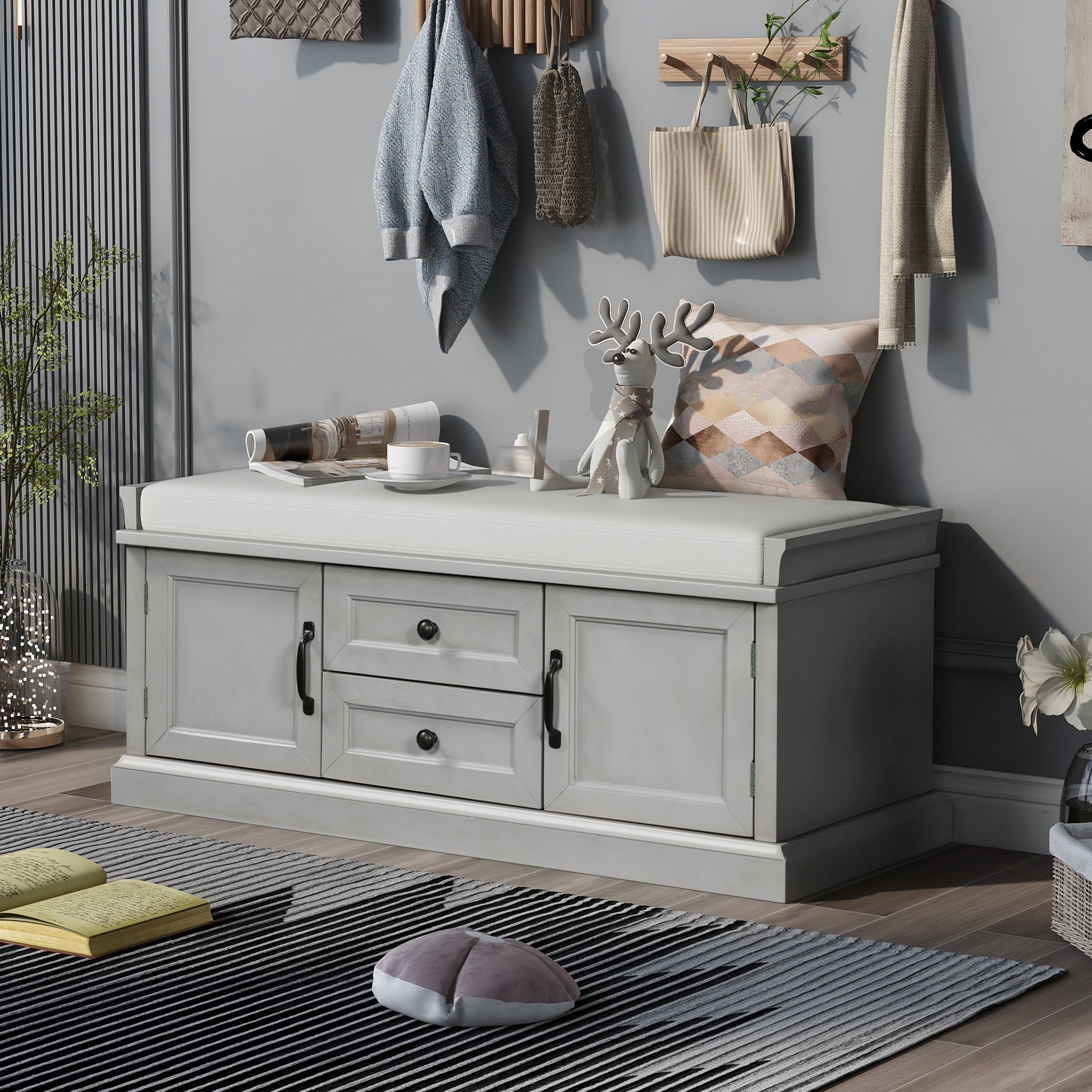 Storage Bench With 2 Drawers And 2 Cabinets, Shoe Bench With Removable Cushion For Living Room, Entryway Gray Wash Gray Wash Solid Wood