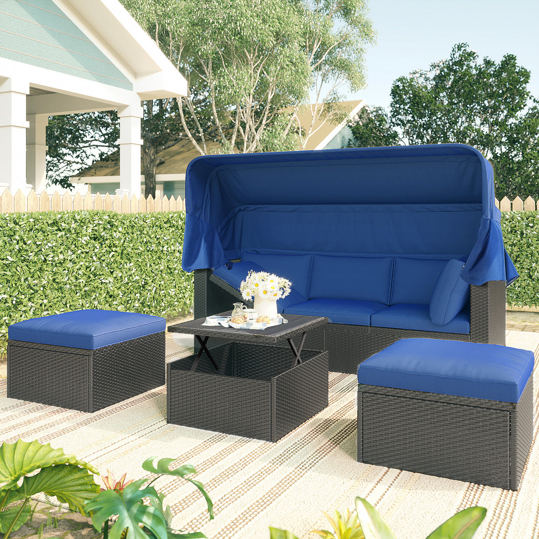 Outdoor Patio Rectangle Daybed With Retractable Canopy, Wicker Furniture Sectional Seating With Washable Cushions, Backyard, Porch As Same As Wy000263Aae Blue Rattan