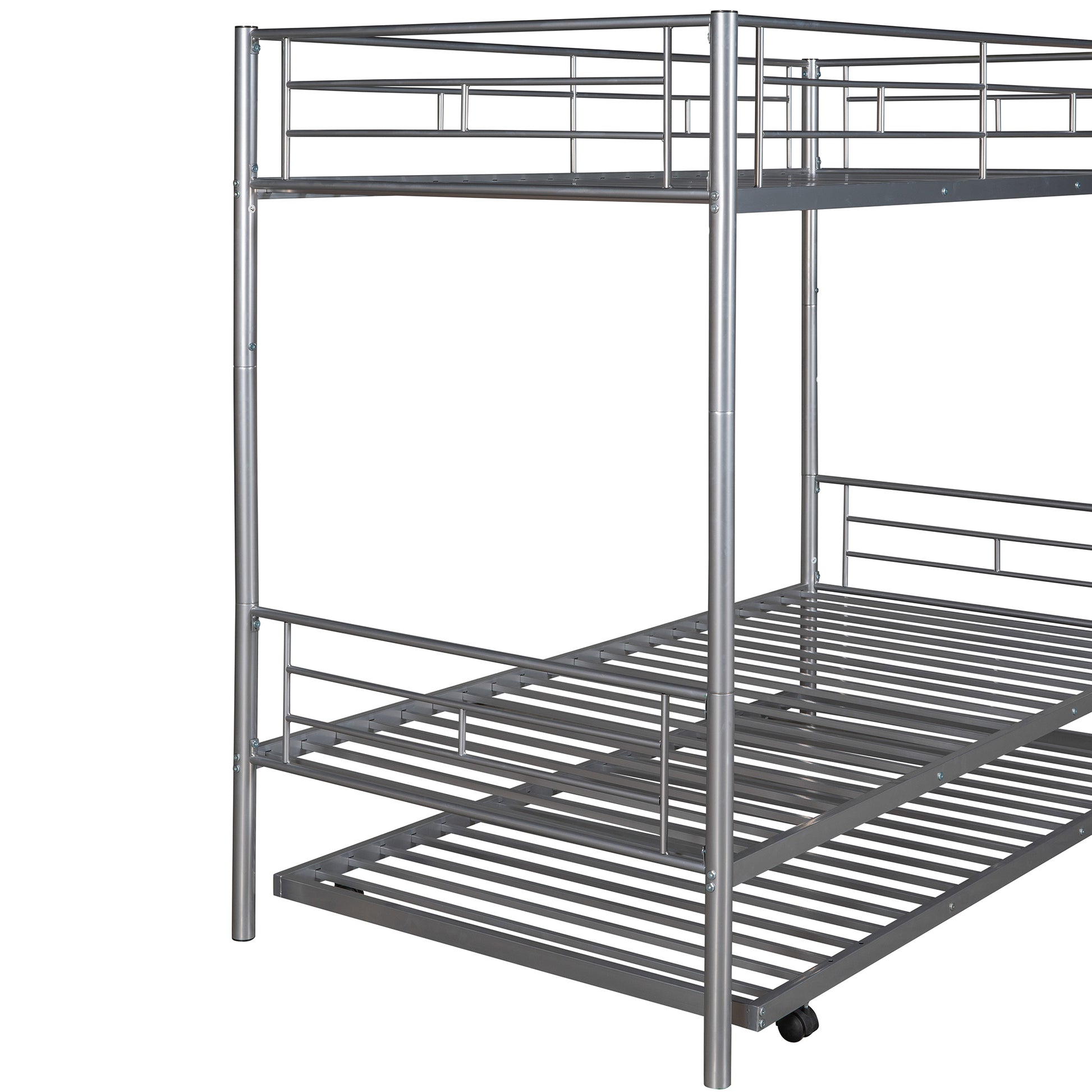 Twin Over Twin Metal Bunk Bed With Trundle,Can Be Divided Into Two Beds,No Box Spring Needed ,White Old Sku: Mf194806Aan Silver Metal