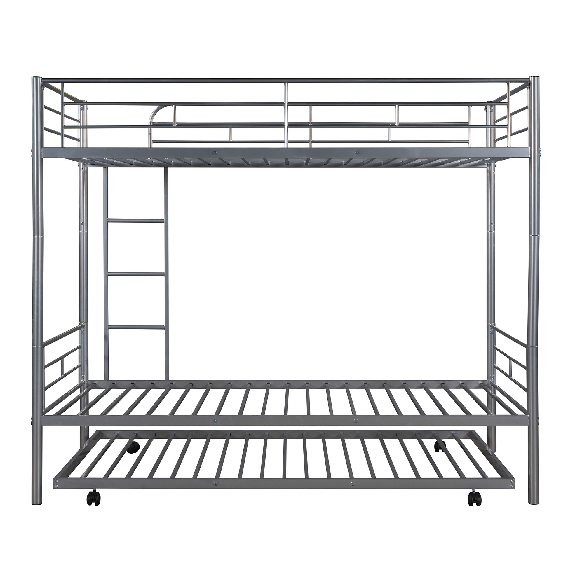 Twin Over Twin Metal Bunk Bed With Trundle,Can Be Divided Into Two Beds,No Box Spring Needed ,White Old Sku: Mf194806Aan Silver Metal