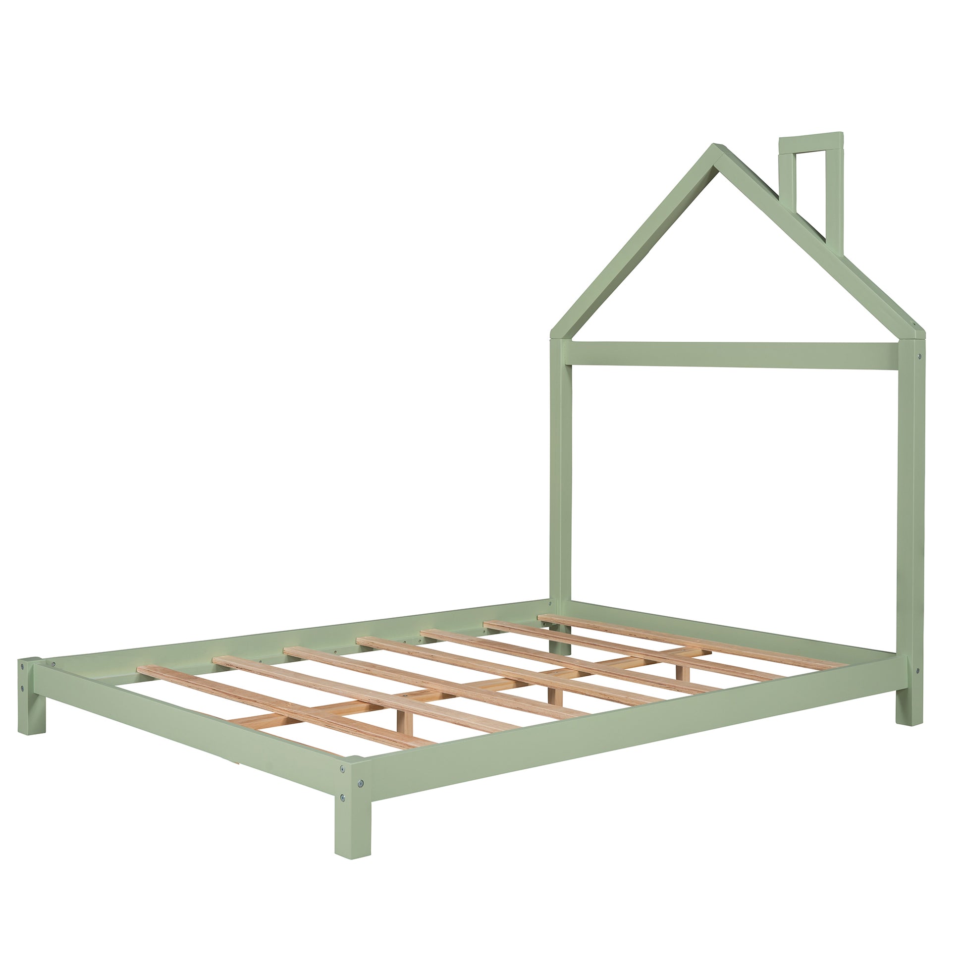 Full Size Wood Platform Bed With House Shaped Headboard Green Green Solid Wood
