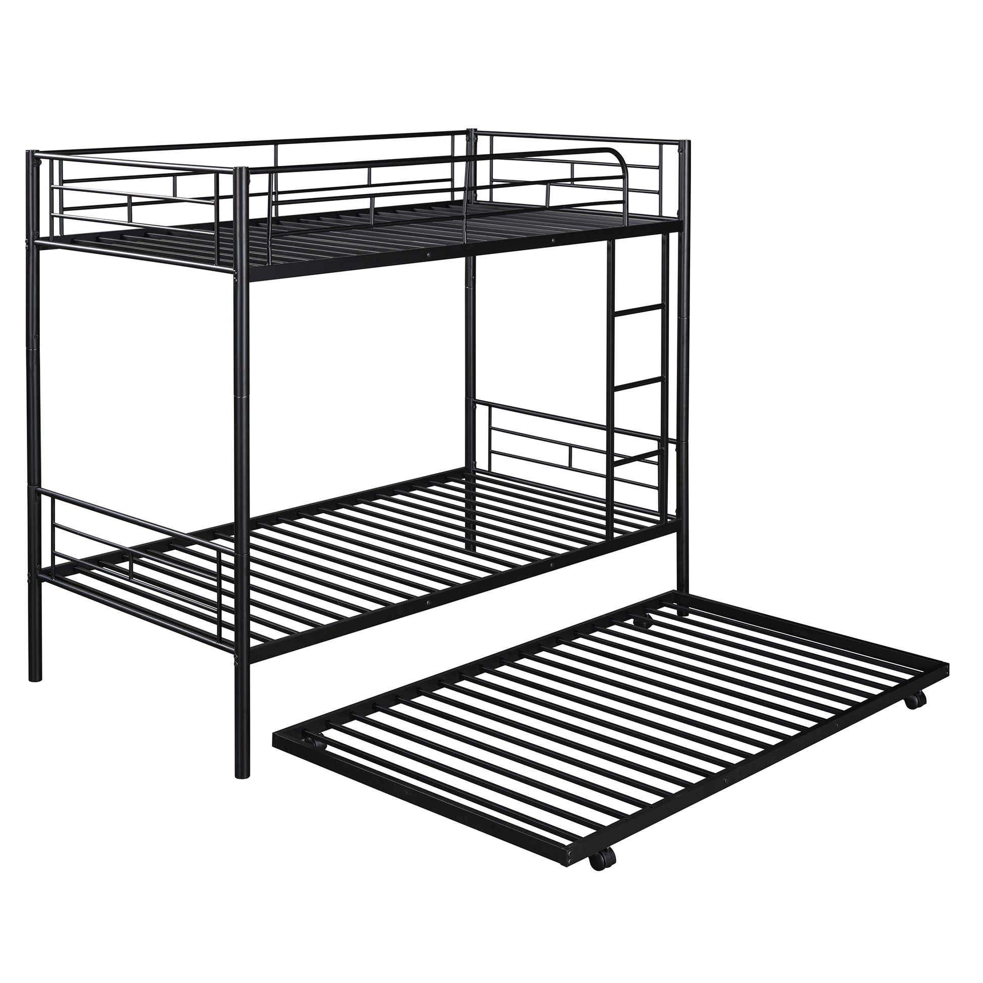 Twin Over Twin Metal Bunk Bed With Trundle,Can Be Divided Into Two Beds,No Box Spring Needed ,Black Old Sku: Mf194806Aab Black Metal