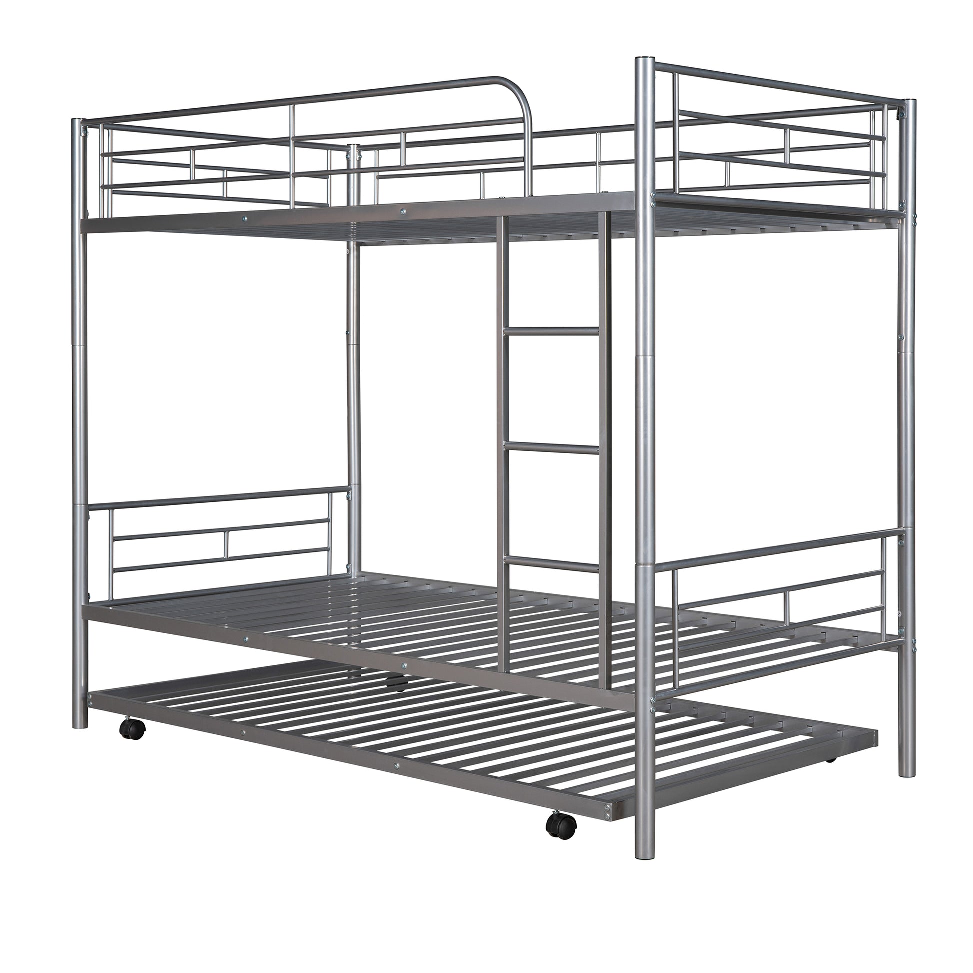 Twin Over Twin Metal Bunk Bed With Trundle,Can Be Divided Into Two Beds,No Box Spring Needed ,White Old Sku: Mf194806Aan Silver Metal