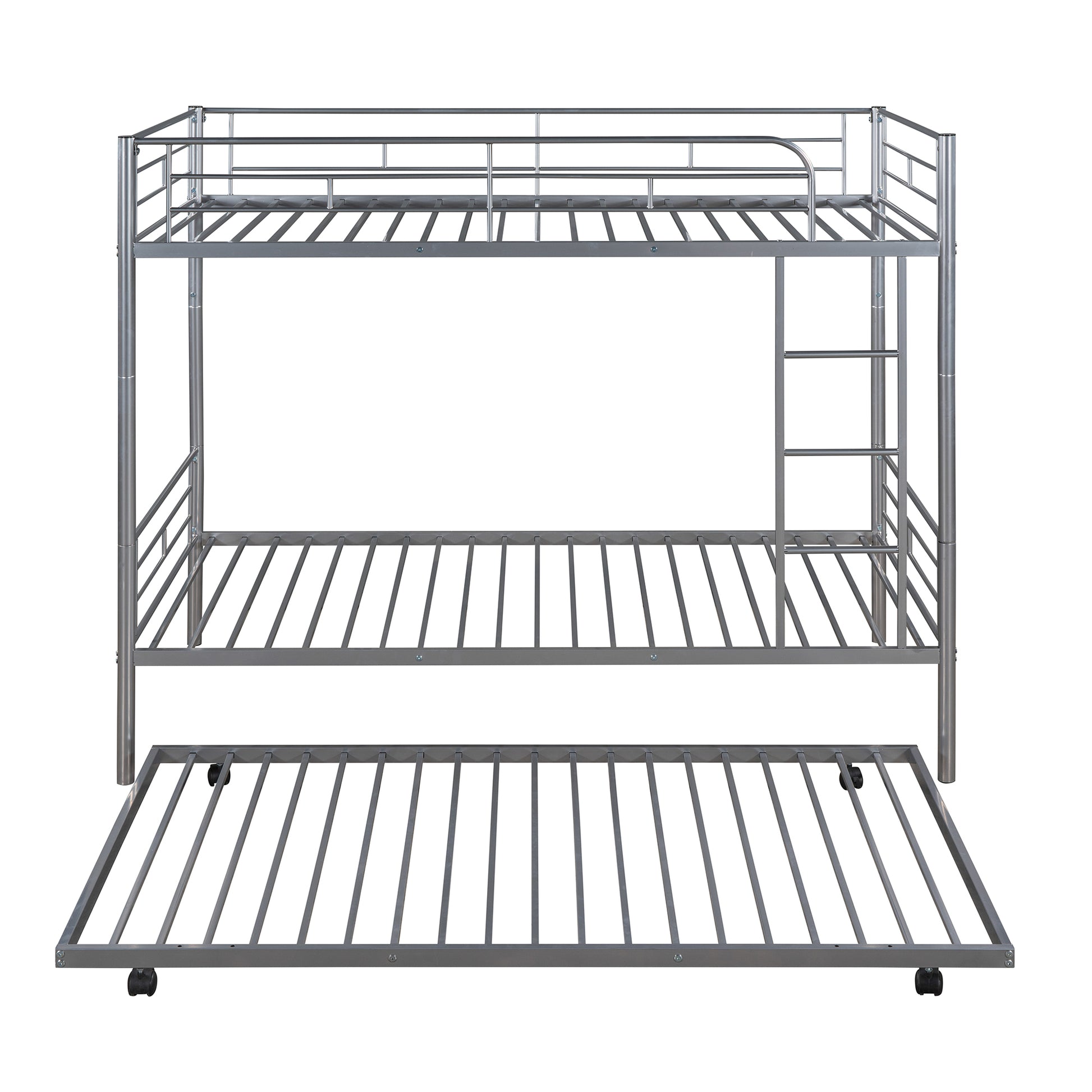 Twin Over Twin Metal Bunk Bed With Trundle,Can Be Divided Into Two Beds,No Box Spring Needed ,White Old Sku: Mf194806Aan Silver Metal