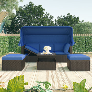 Outdoor Patio Rectangle Daybed With Retractable Canopy, Wicker Furniture Sectional Seating With Washable Cushions, Backyard, Porch As Same As Wy000263Aae Blue Rattan