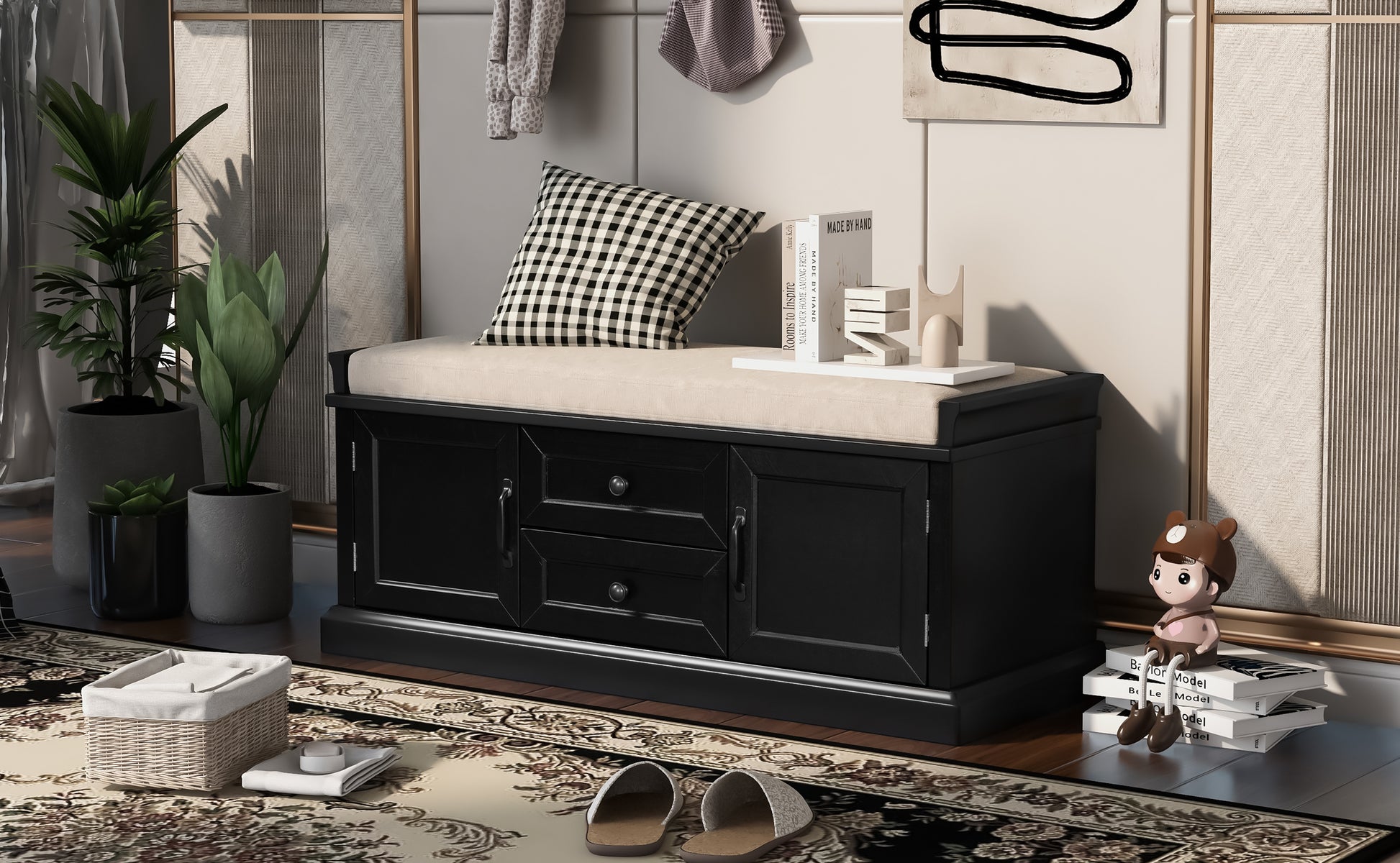 Storage Bench With 2 Drawers And 2 Cabinets, Shoe Bench With Removable Cushion For Living Room, Entryway Black Black Solid Wood