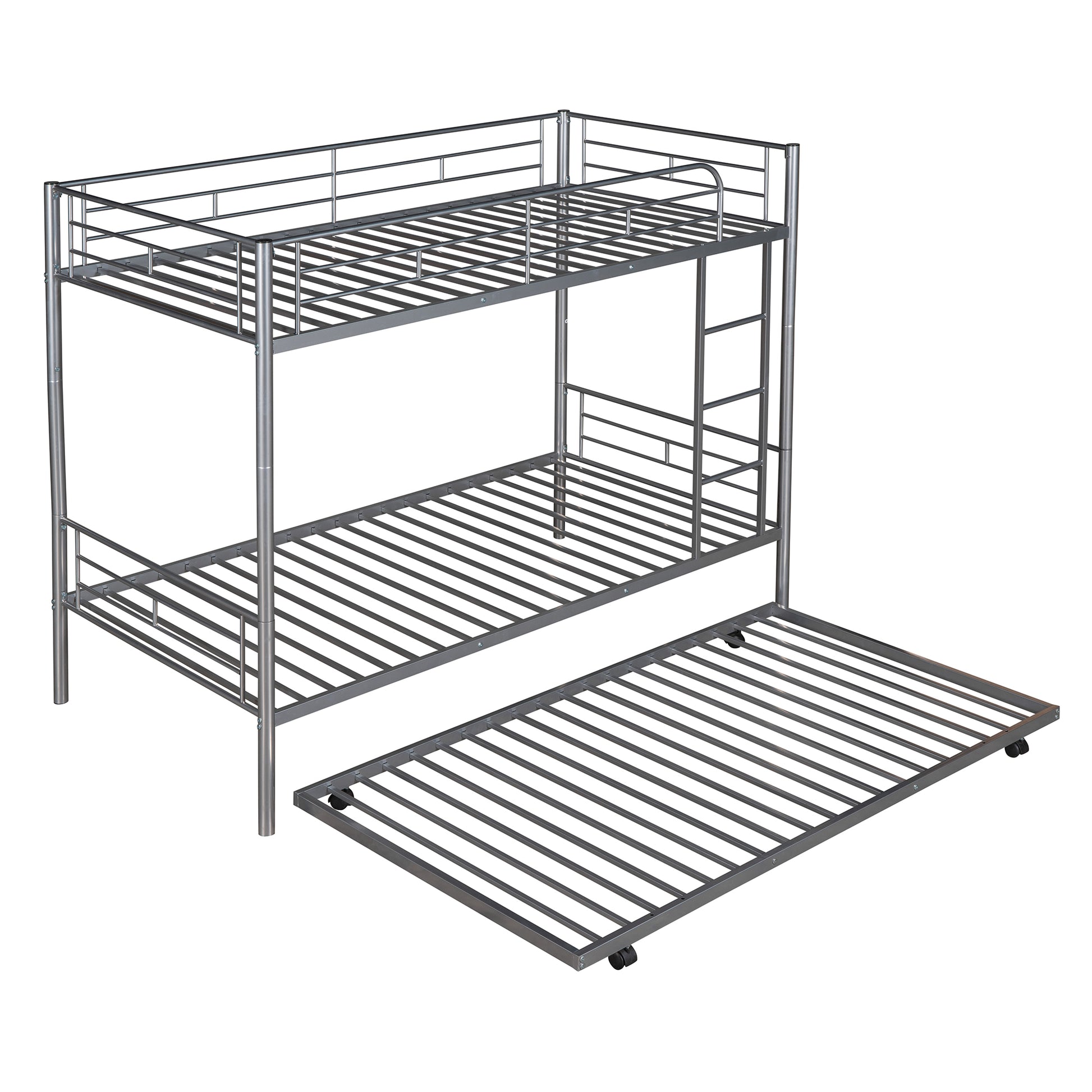 Twin Over Twin Metal Bunk Bed With Trundle,Can Be Divided Into Two Beds,No Box Spring Needed ,White Old Sku: Mf194806Aan Silver Metal