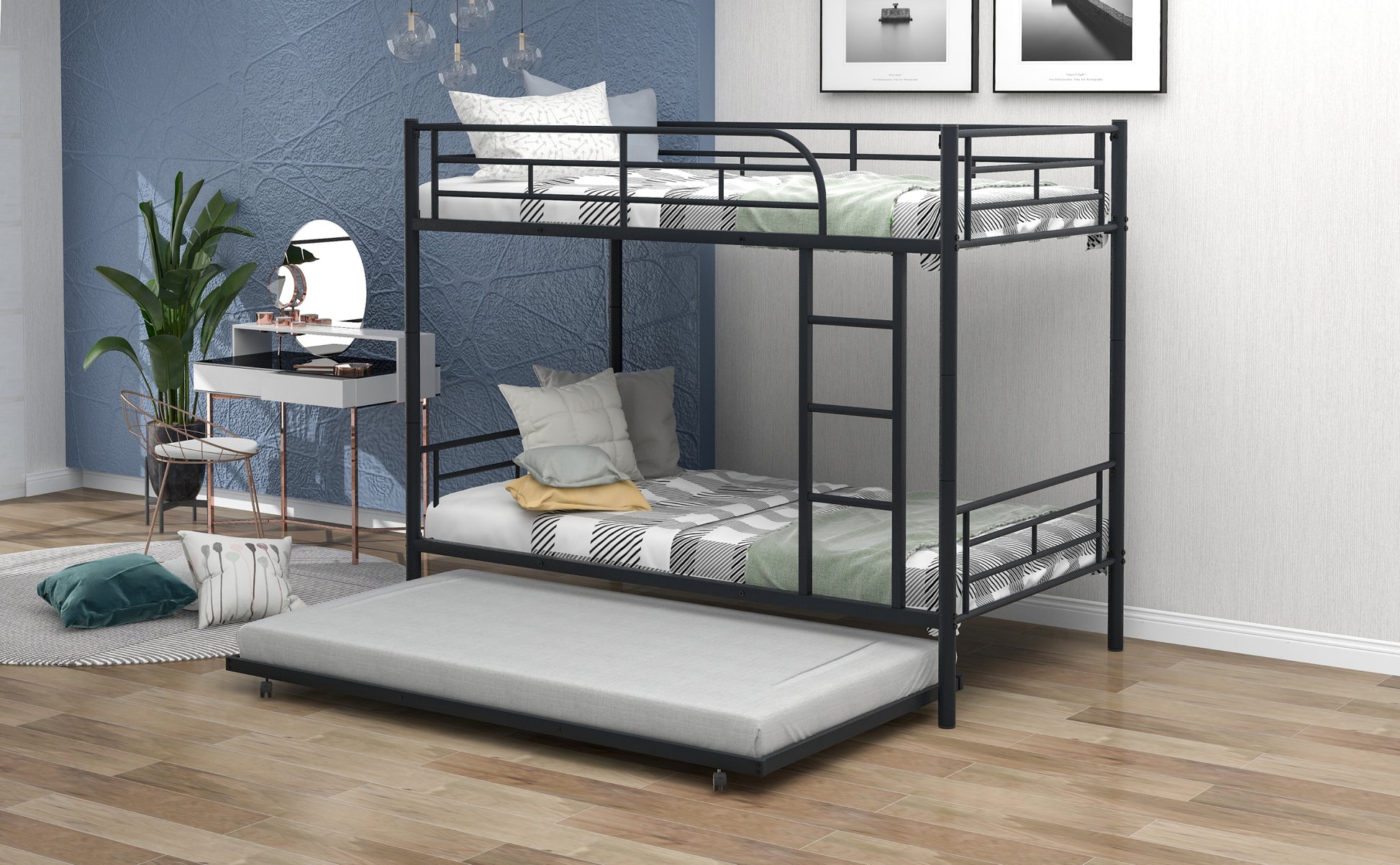 Twin Over Twin Metal Bunk Bed With Trundle,Can Be Divided Into Two Beds,No Box Spring Needed ,Black Old Sku: Mf194806Aab Black Metal