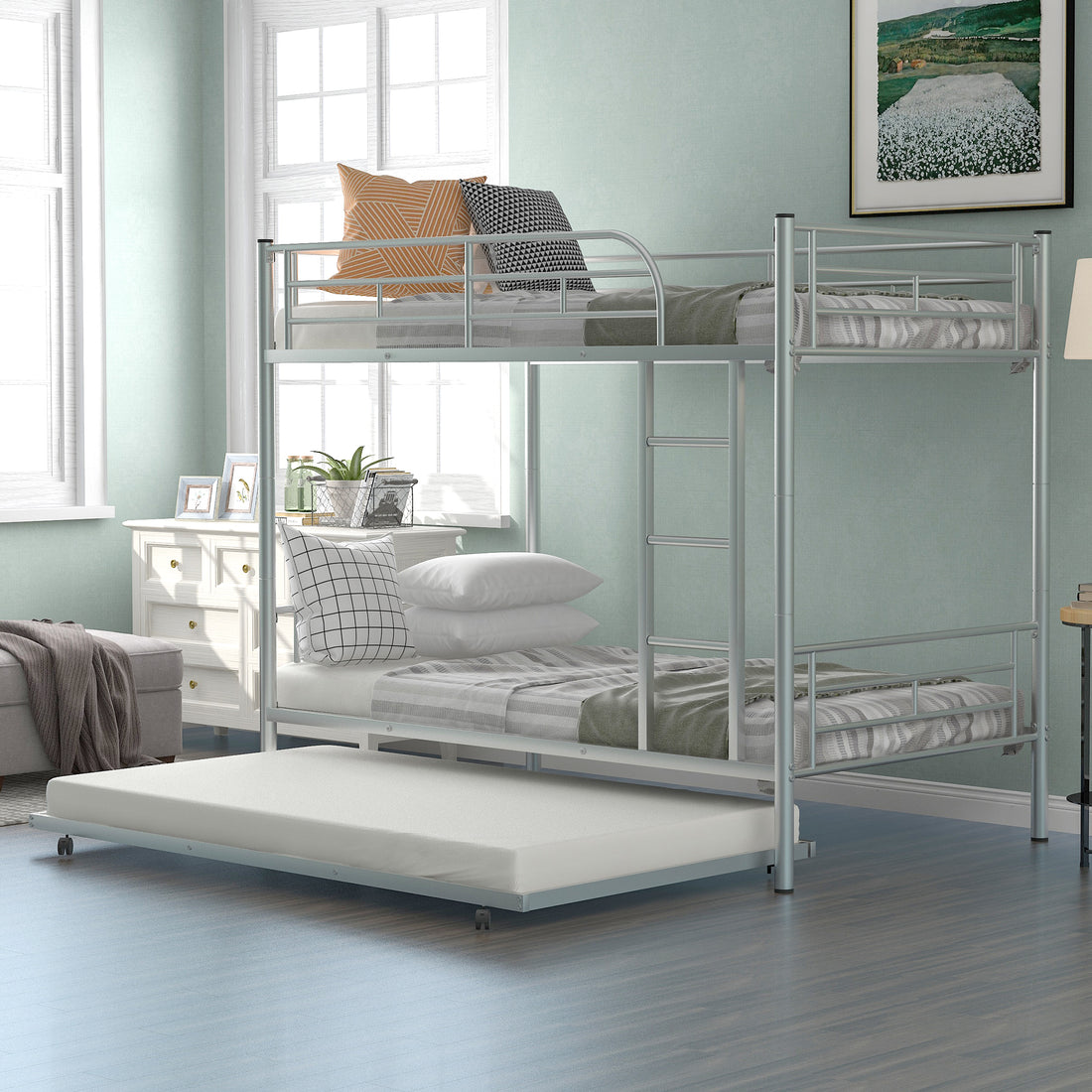 Twin Over Twin Metal Bunk Bed With Trundle,Can Be Divided Into Two Beds,No Box Spring Needed ,White Old Sku: Mf194806Aan Silver Metal