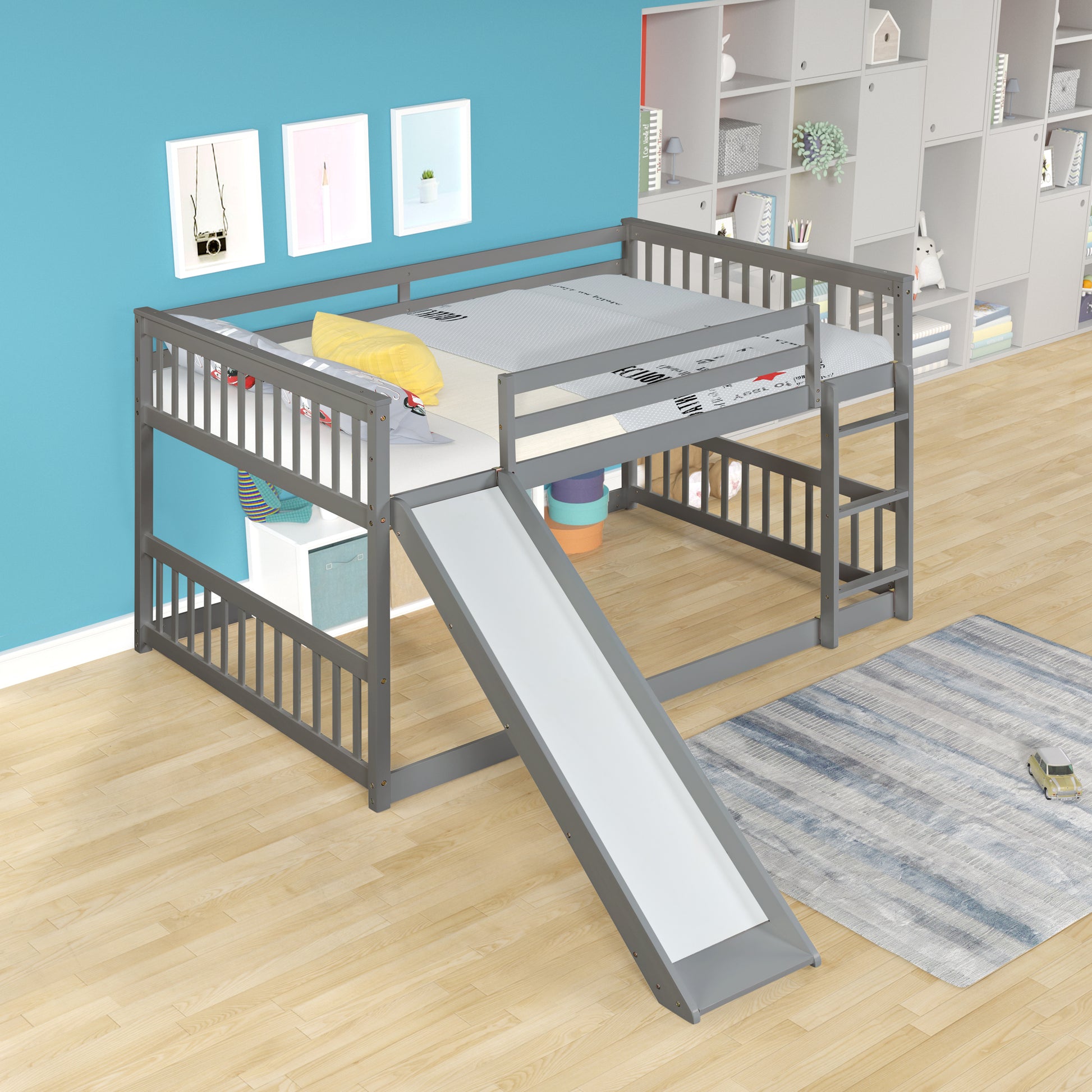 Full Over Full Bunk Bed With Slide And Ladder In Grey Color Grey Pine