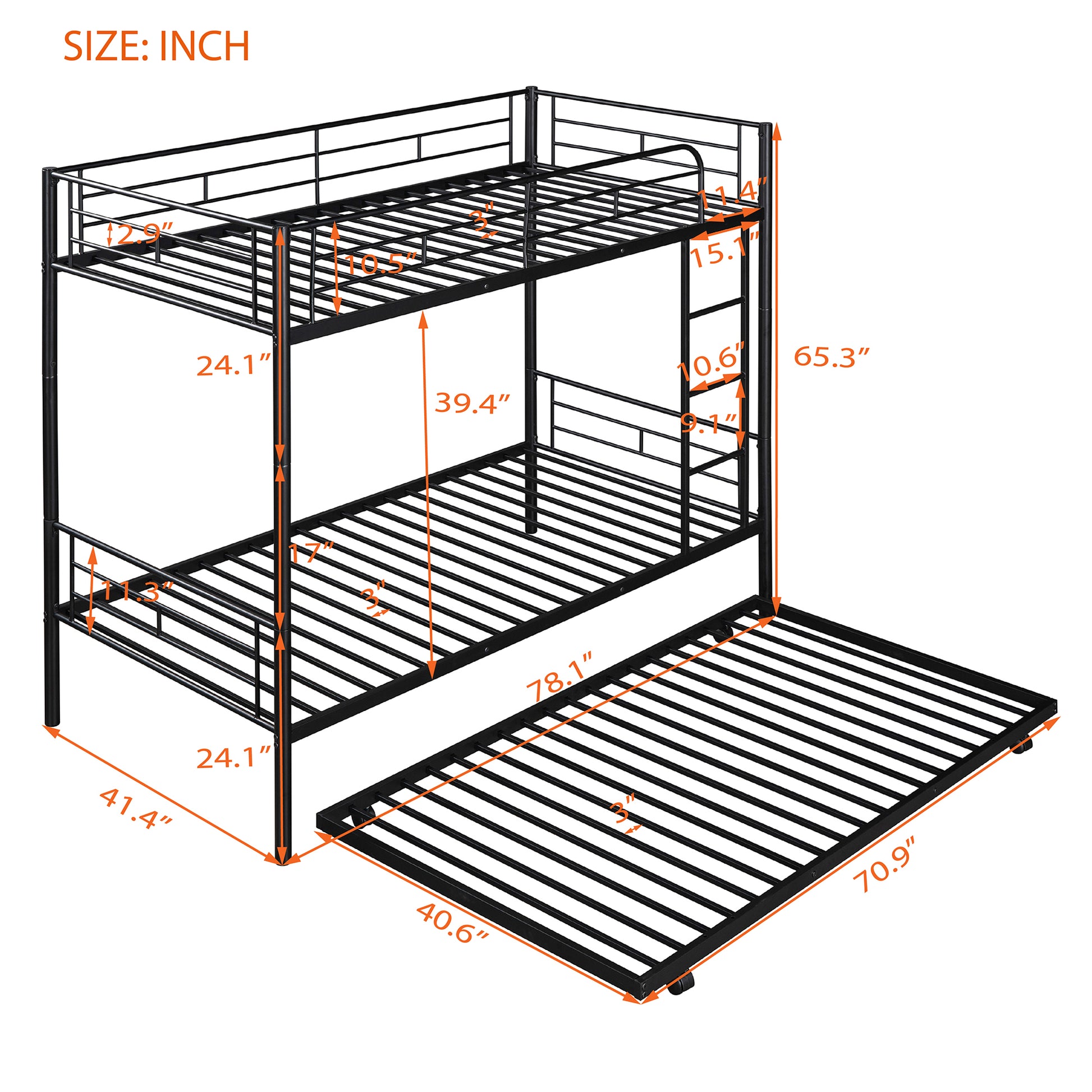 Twin Over Twin Metal Bunk Bed With Trundle,Can Be Divided Into Two Beds,No Box Spring Needed ,Black Old Sku: Mf194806Aab Black Metal